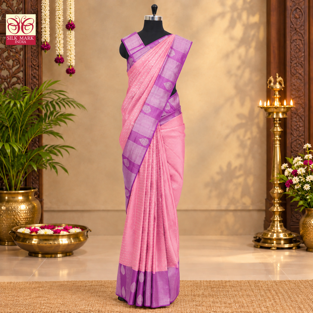 Light Pink With Lavender Silver Zari border KachipuramWedding Silk Saree