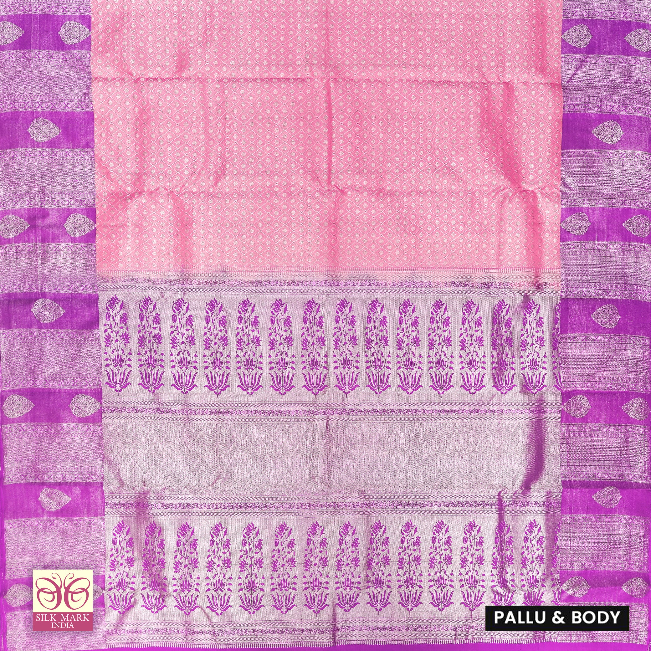 Light Pink With Lavender Silver Zari border KachipuramWedding Silk Saree