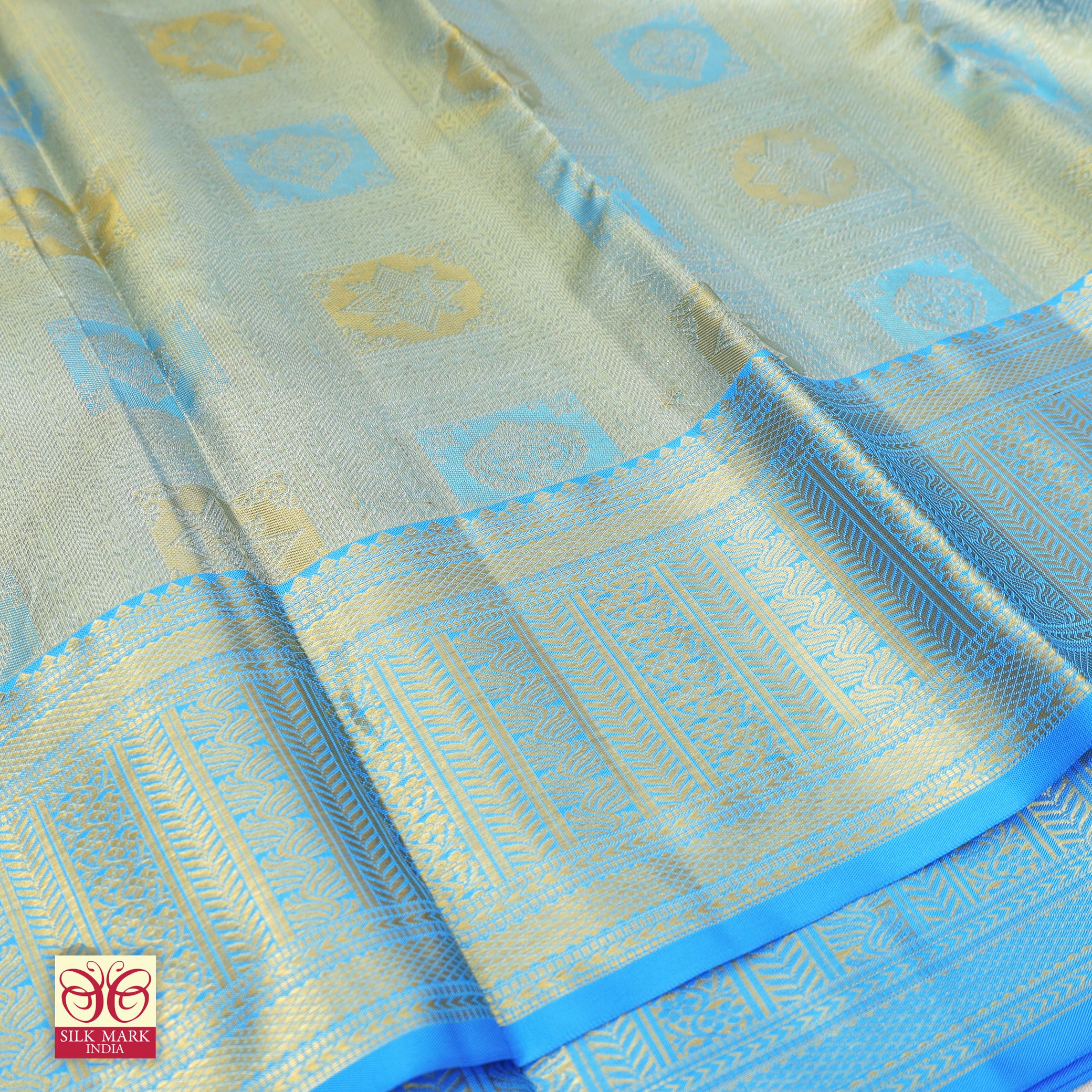 Light Blue With Gold Zari border Kachipuram Tissue  Wedding Silk Saree