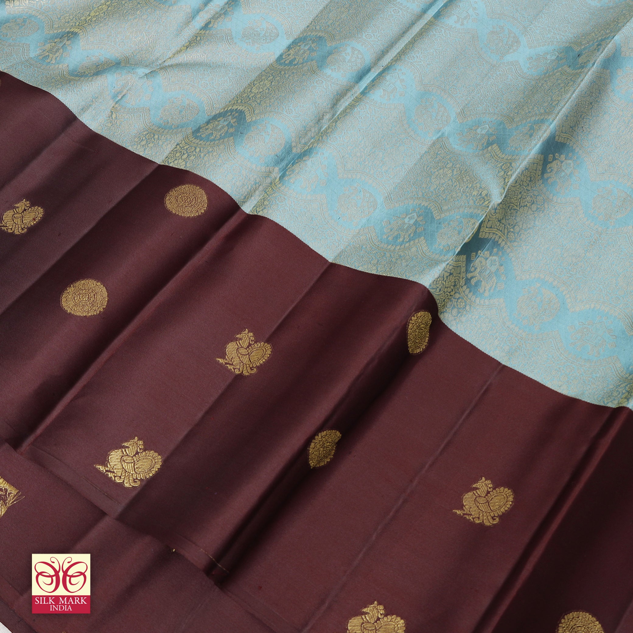 Sky Blue With Maroon Gold Zari Long border SubhalayaWedding Silk Saree