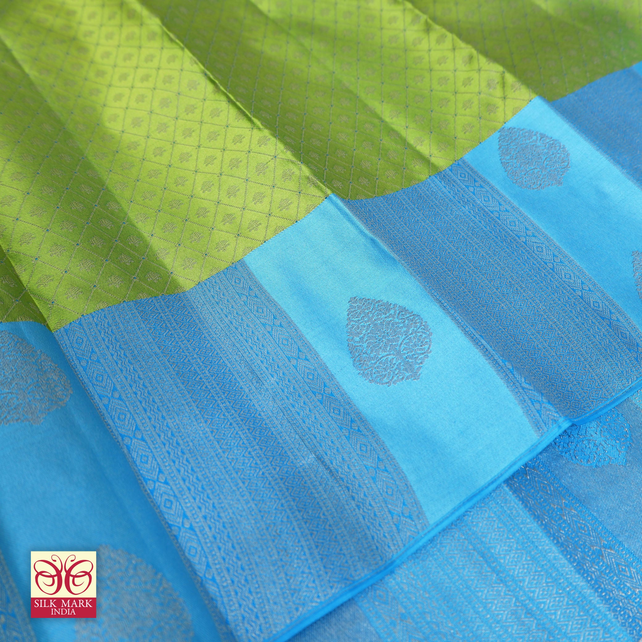 Parrot Green With Sky Blue Silver Zeri border Subalaya Wedding Silk Saree