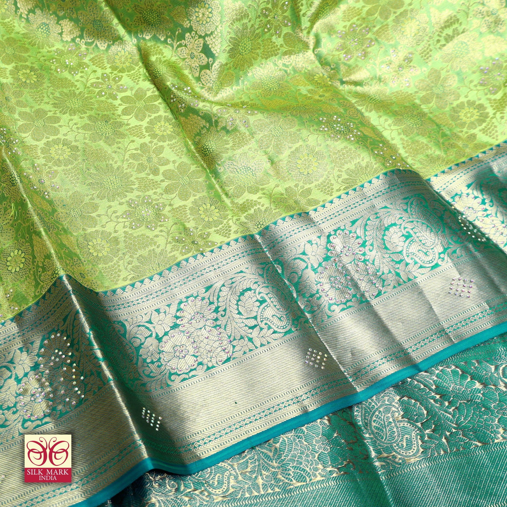 Lime Green With Blue Gold Zeri Subalaya Wedding Silk Saree