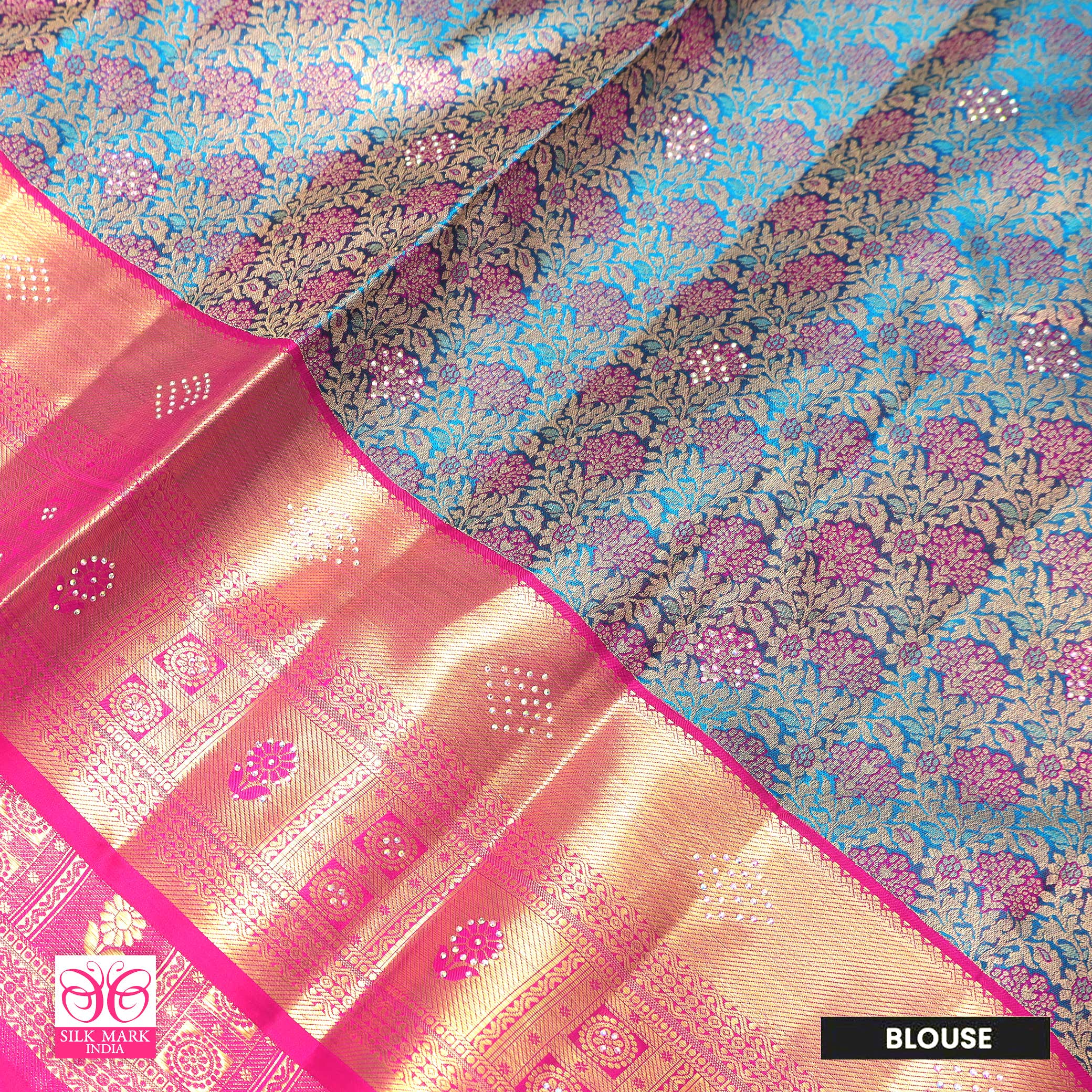Sky Blue With Rani Pink Gold Zari Border Subalaya Wedding Silk Saree