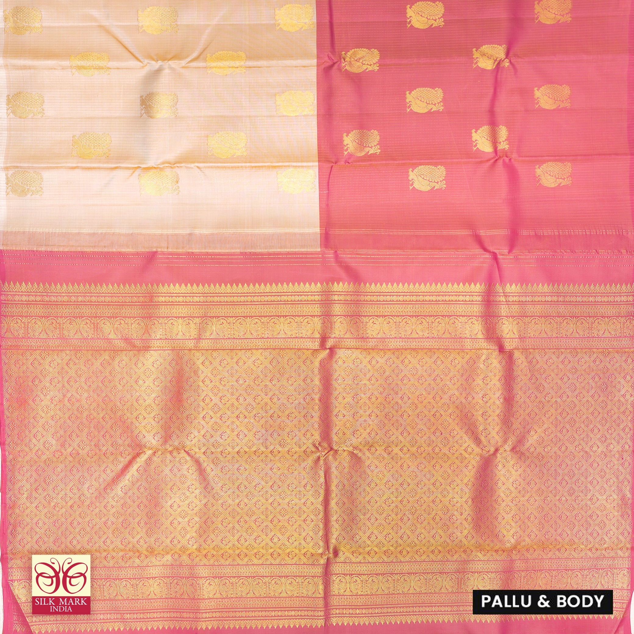 Off White WithPink Kanchipuram Pure Soft Silk Saree