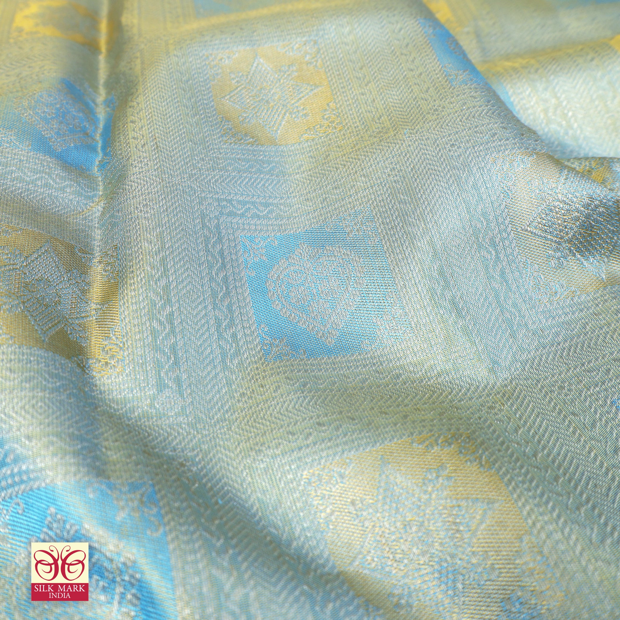 Light Blue With Gold Zari border Kachipuram Tissue  Wedding Silk Saree