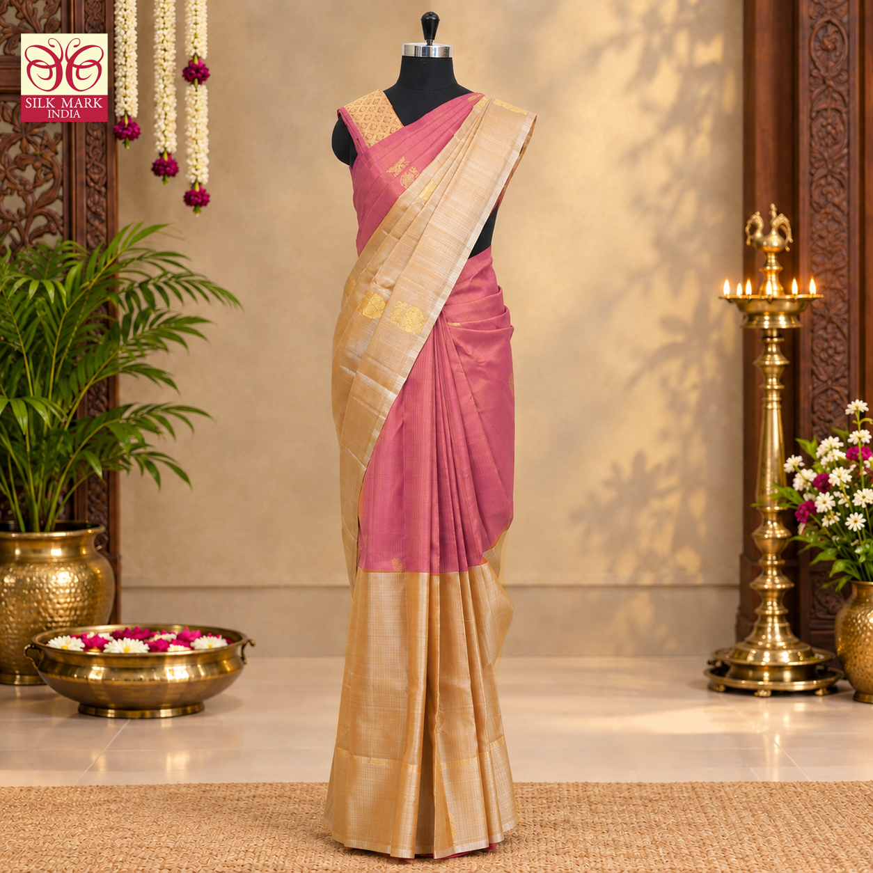Off White WithPink Kanchipuram Pure Soft Silk Saree