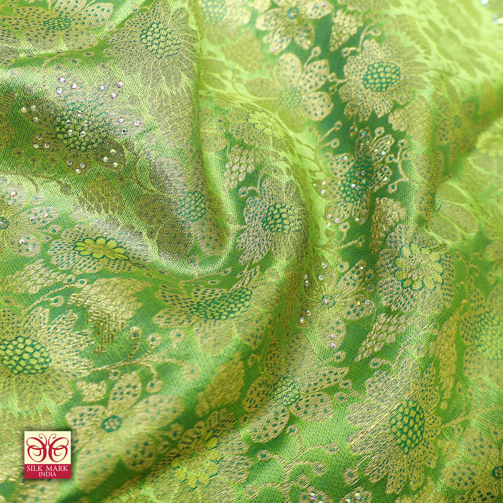 Lime Green With Blue Gold Zeri Subalaya Wedding Silk Saree