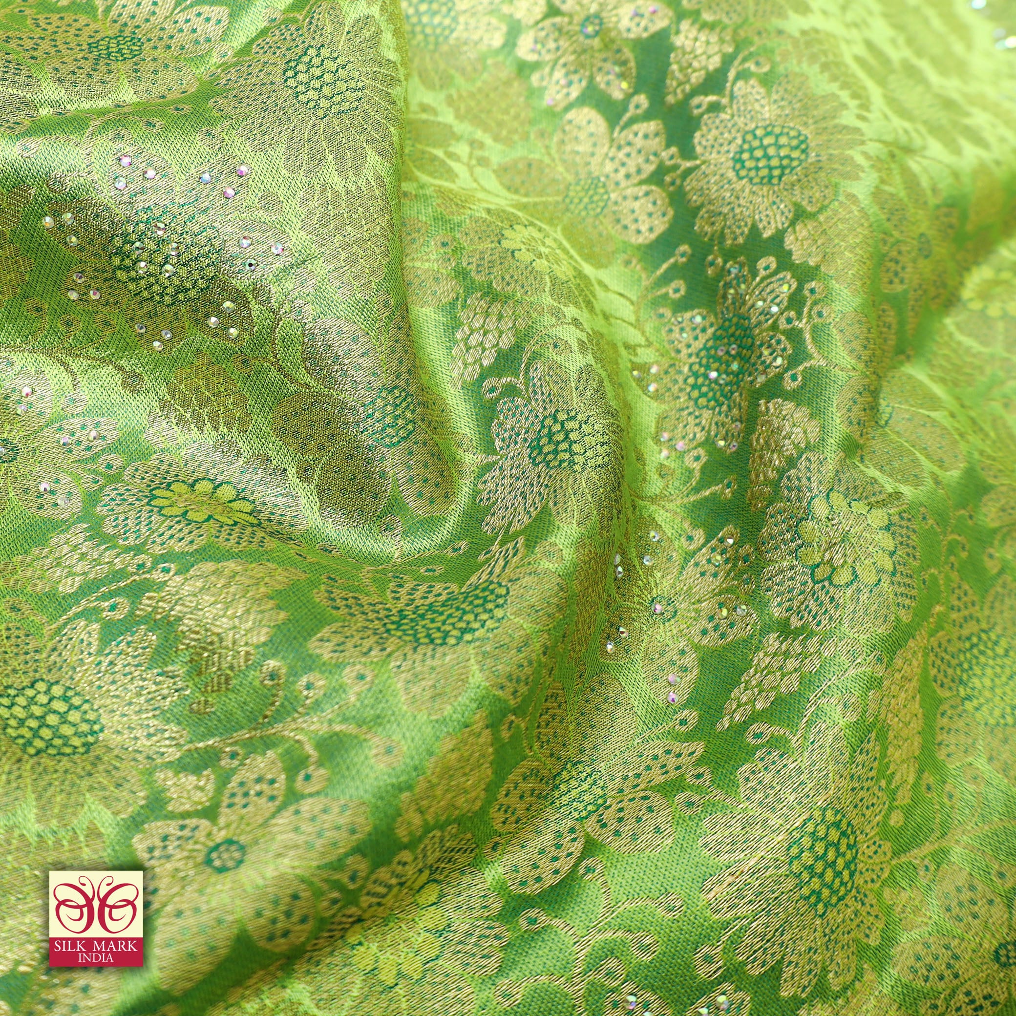 Lime Green With Blue Gold Zeri Subalaya Wedding Silk Saree