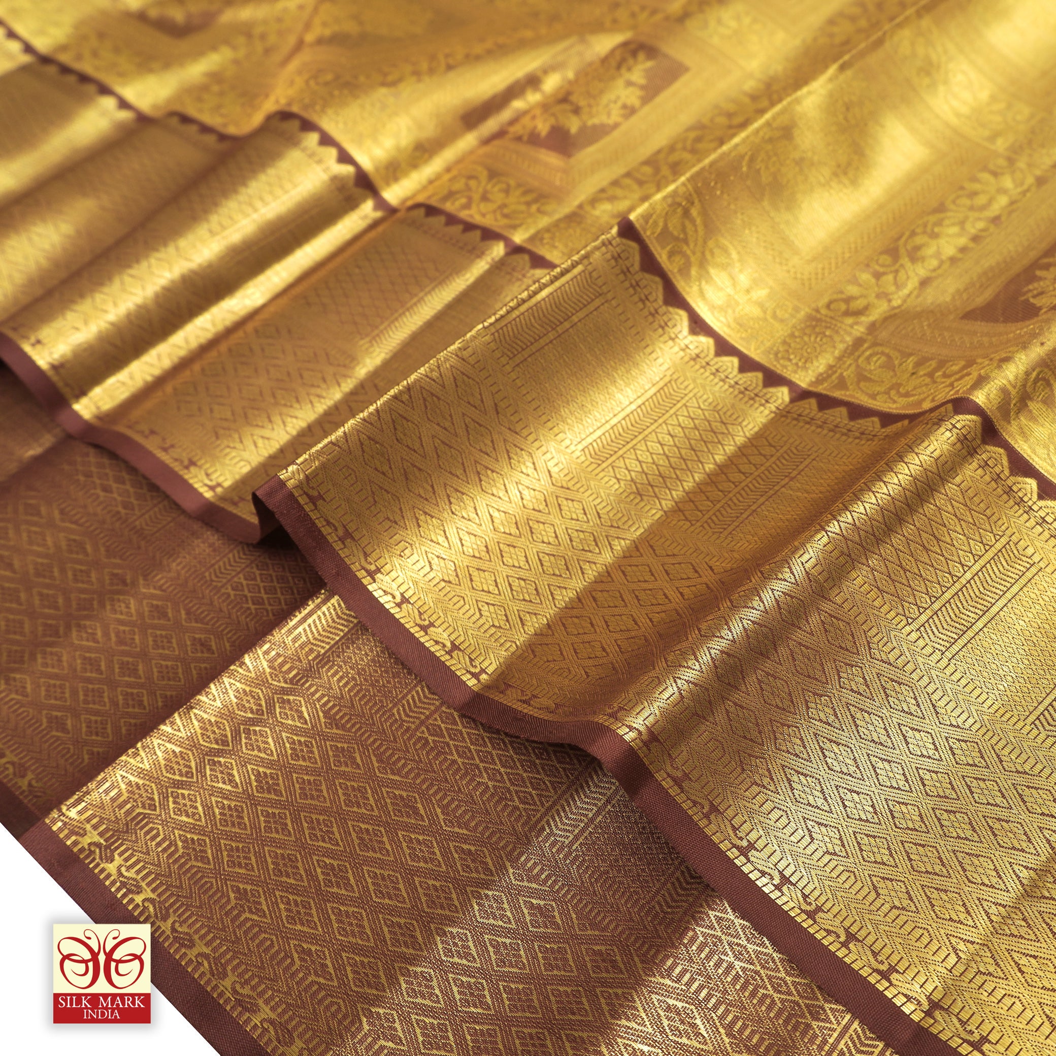Golden Maroon With Gold Zari Tissue Wedding Silk Saree