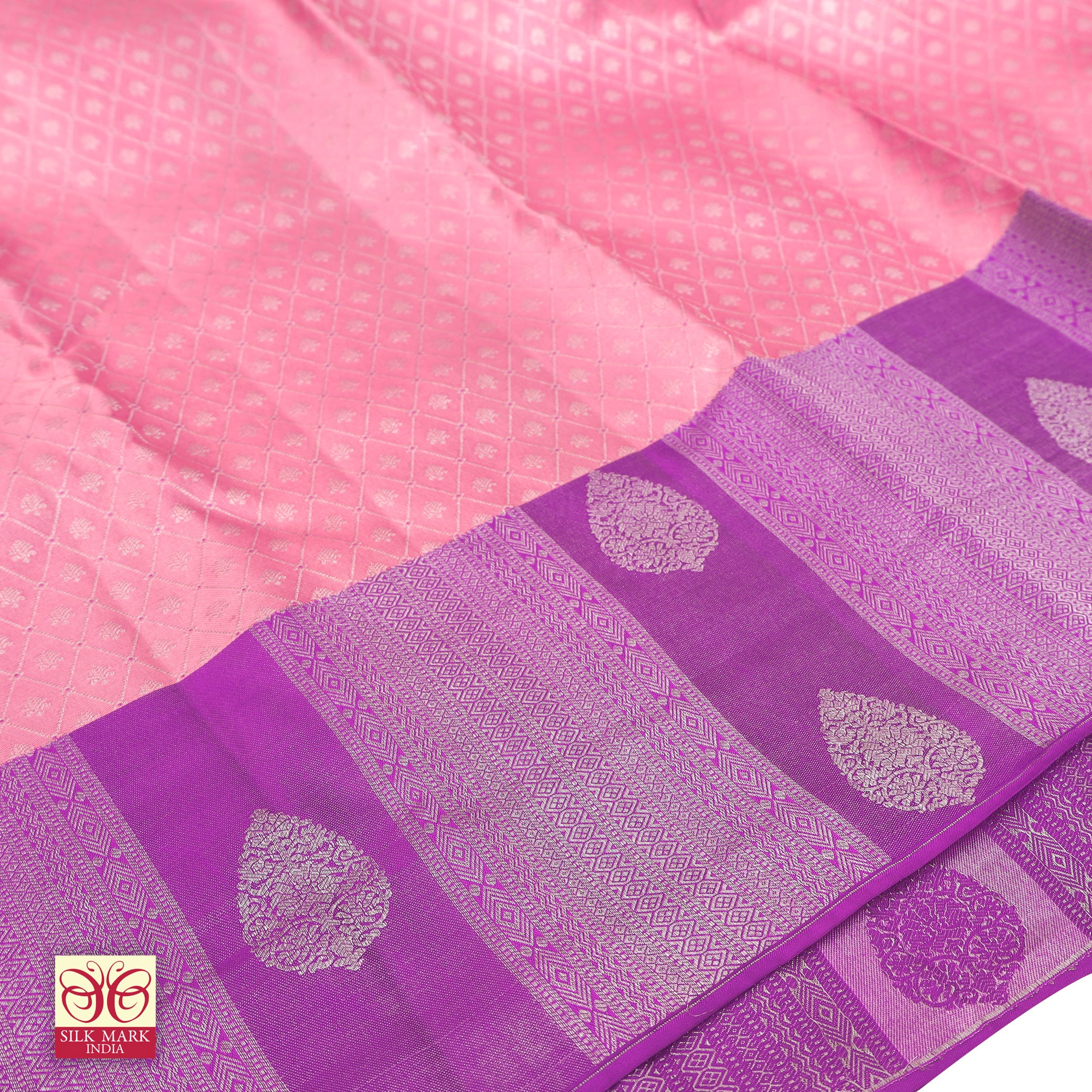 Light Pink With Lavender Silver Zari border KachipuramWedding Silk Saree