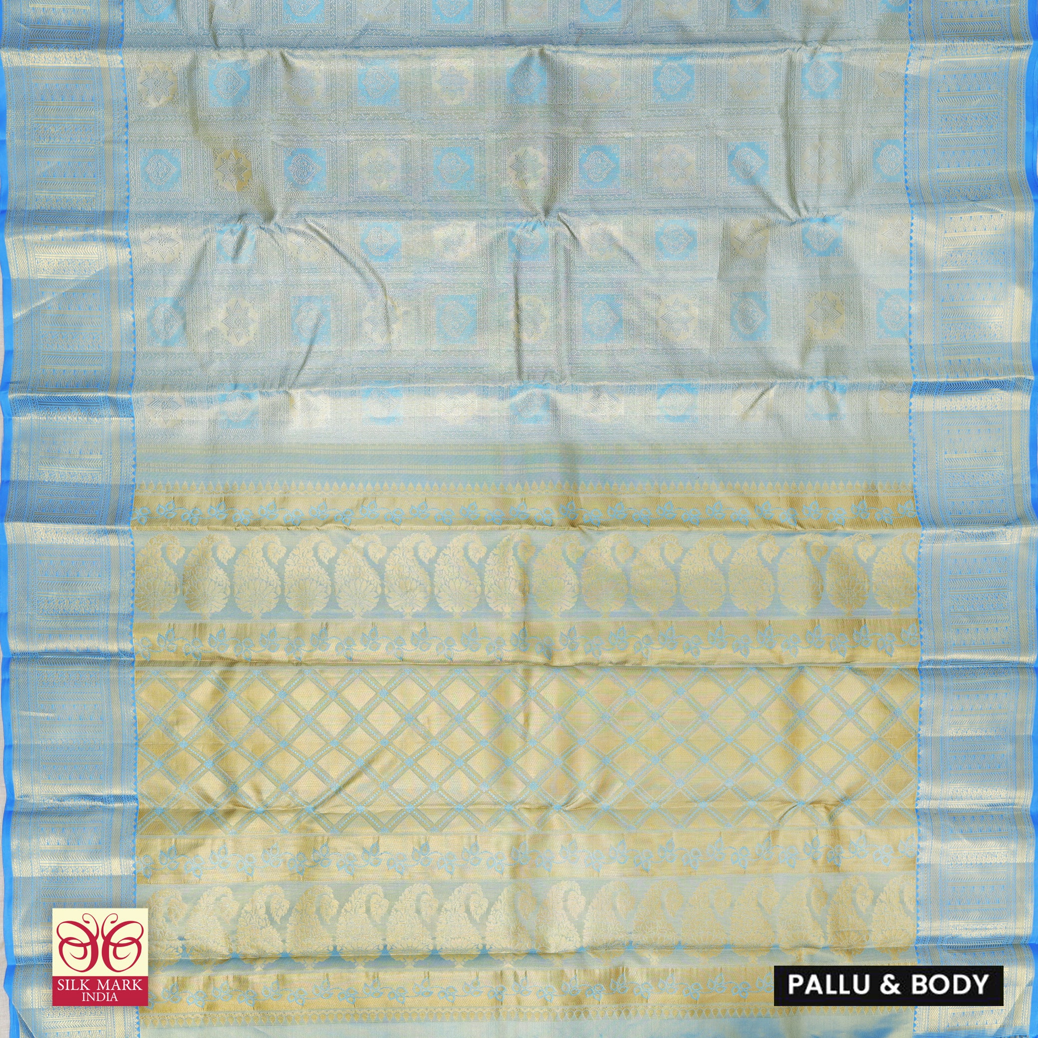 Light Blue With Gold Zari border Kachipuram Tissue  Wedding Silk Saree
