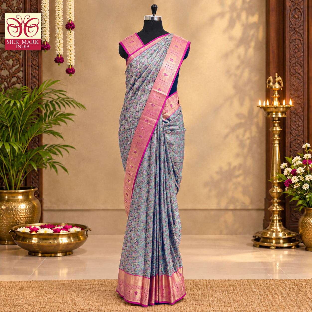 Sky Blue With Rani Pink Gold Zari Border Subalaya Wedding Silk Saree