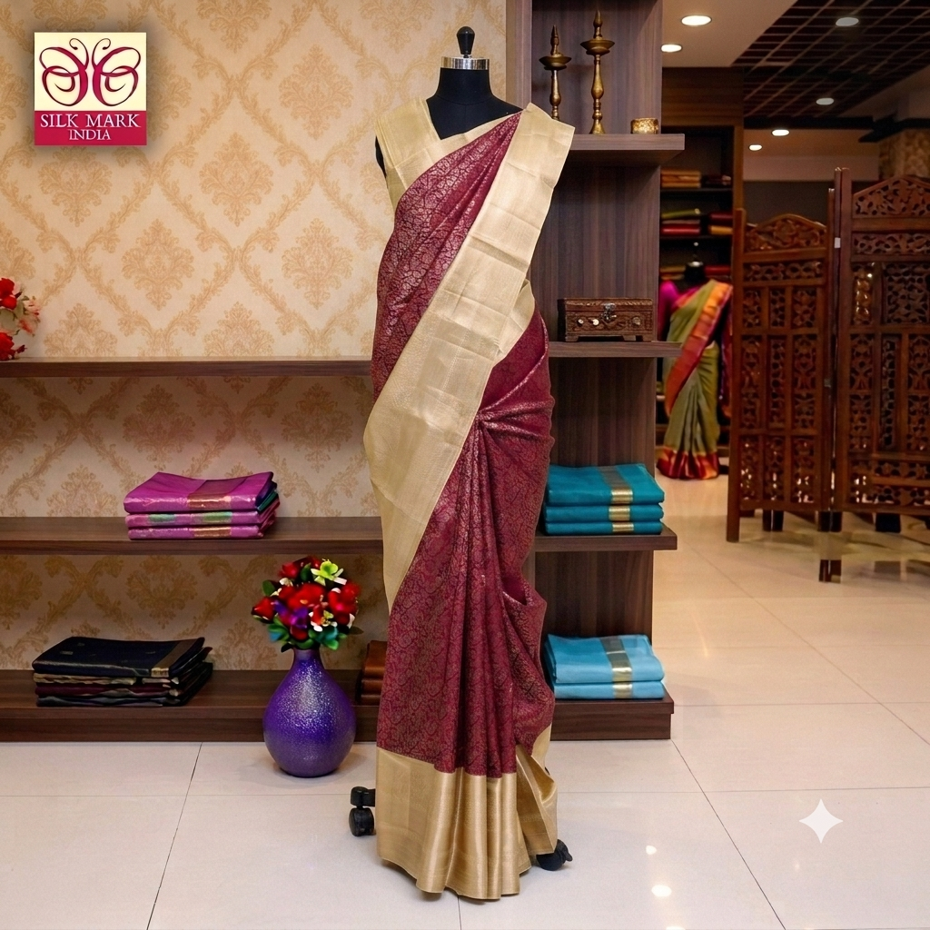 Maroon With Cream Colour Gold Zeri Subalaya Wedding Silk Saree