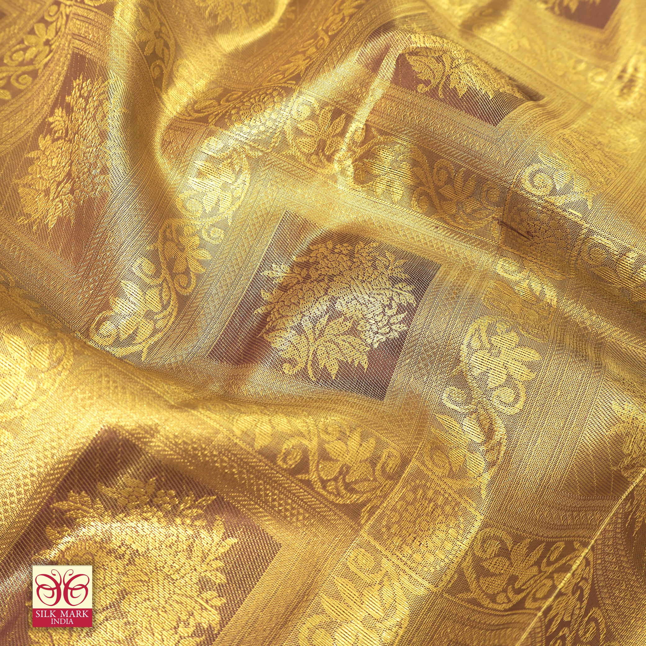 Golden Maroon With Gold Zari Tissue Wedding Silk Saree