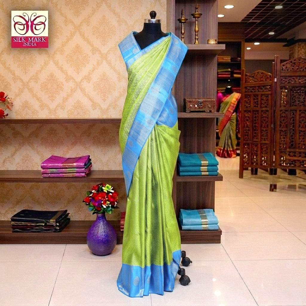 Parrot Green With Sky Blue Silver Zeri border Subalaya Wedding Silk Saree
