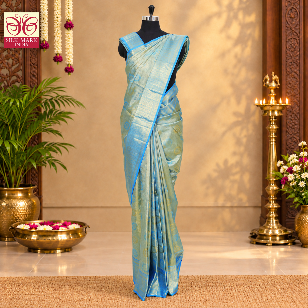 Light Blue With Gold Zari border Kachipuram Tissue  Wedding Silk Saree