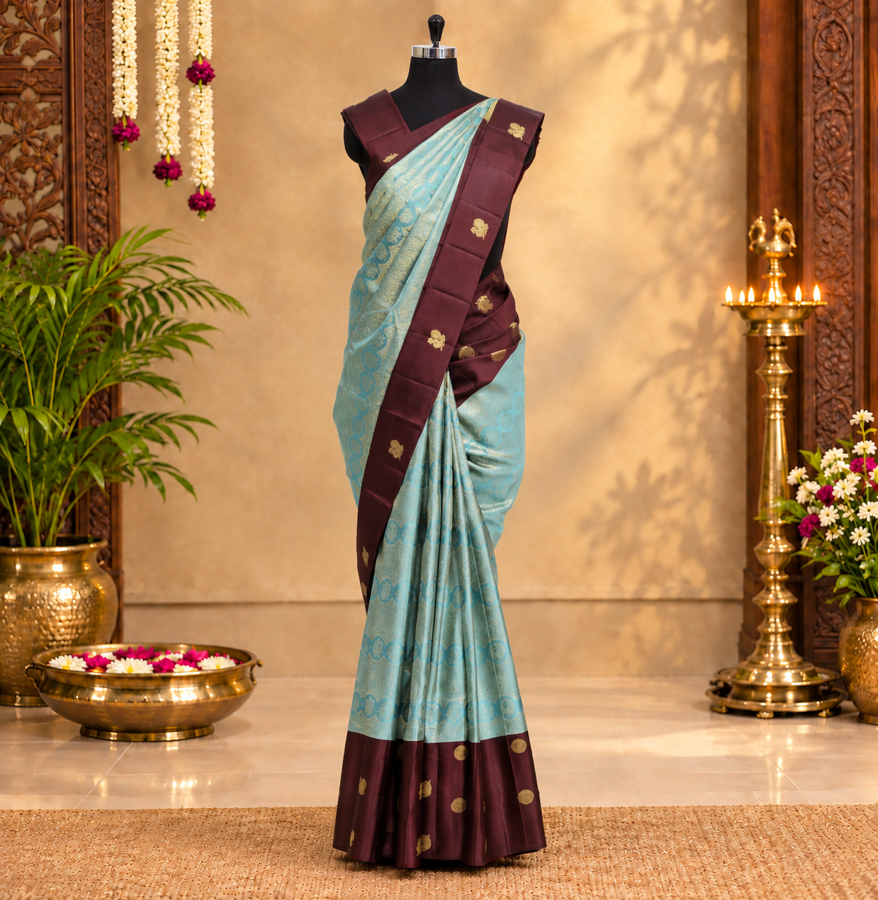 Sky Blue With Maroon Gold Zari Long border SubhalayaWedding Silk Saree