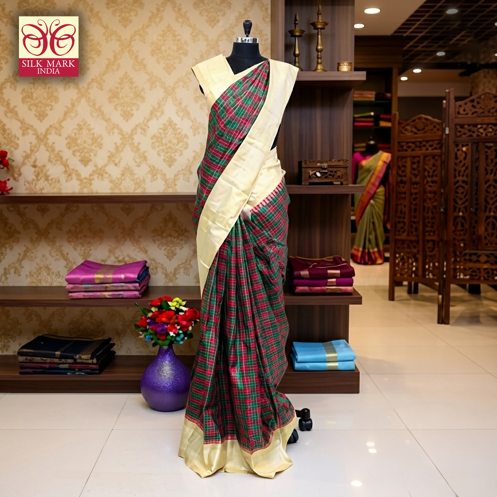 Cream Checked Heritage Saree