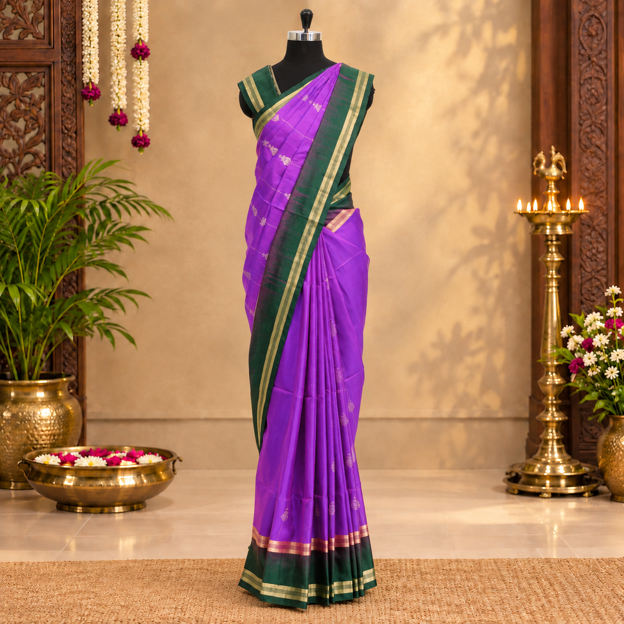 Violet With Bottle Green Premium Pure Soft Silk Saree