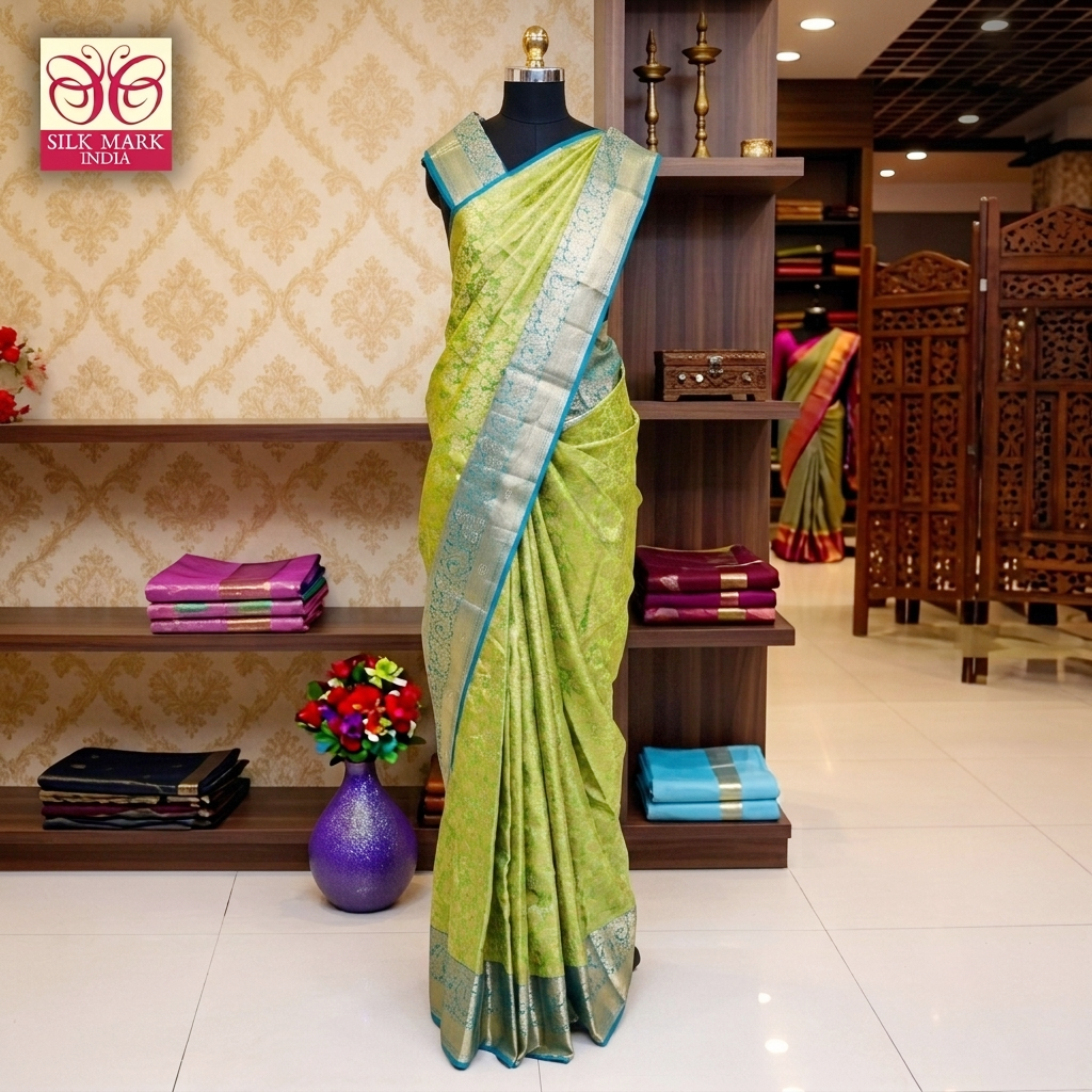 Lime Green With Blue Gold Zeri Subalaya Wedding Silk Saree