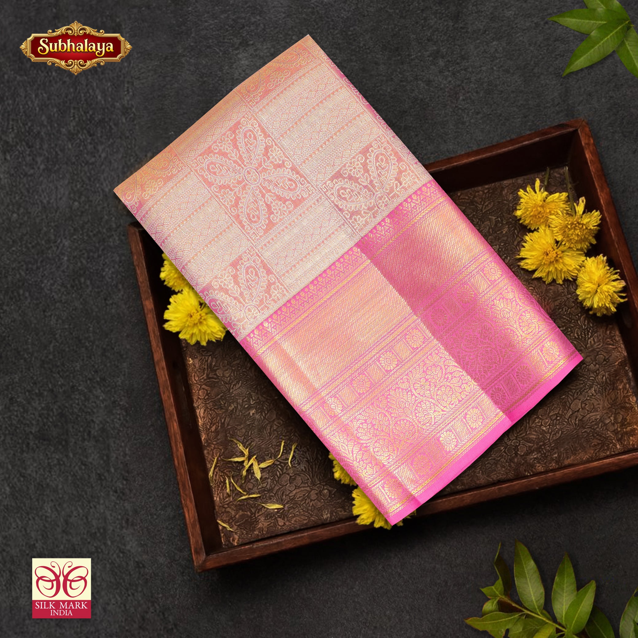 Light Pink With Rose Pink Gold Zari Tissue Wedding Silk Saree