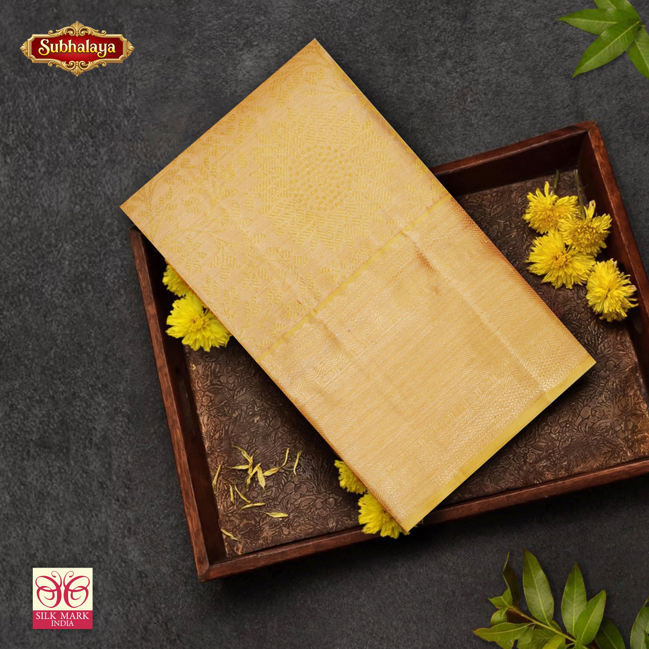 Golden Color Gold Zari border Tissue Wedding Silk Saree