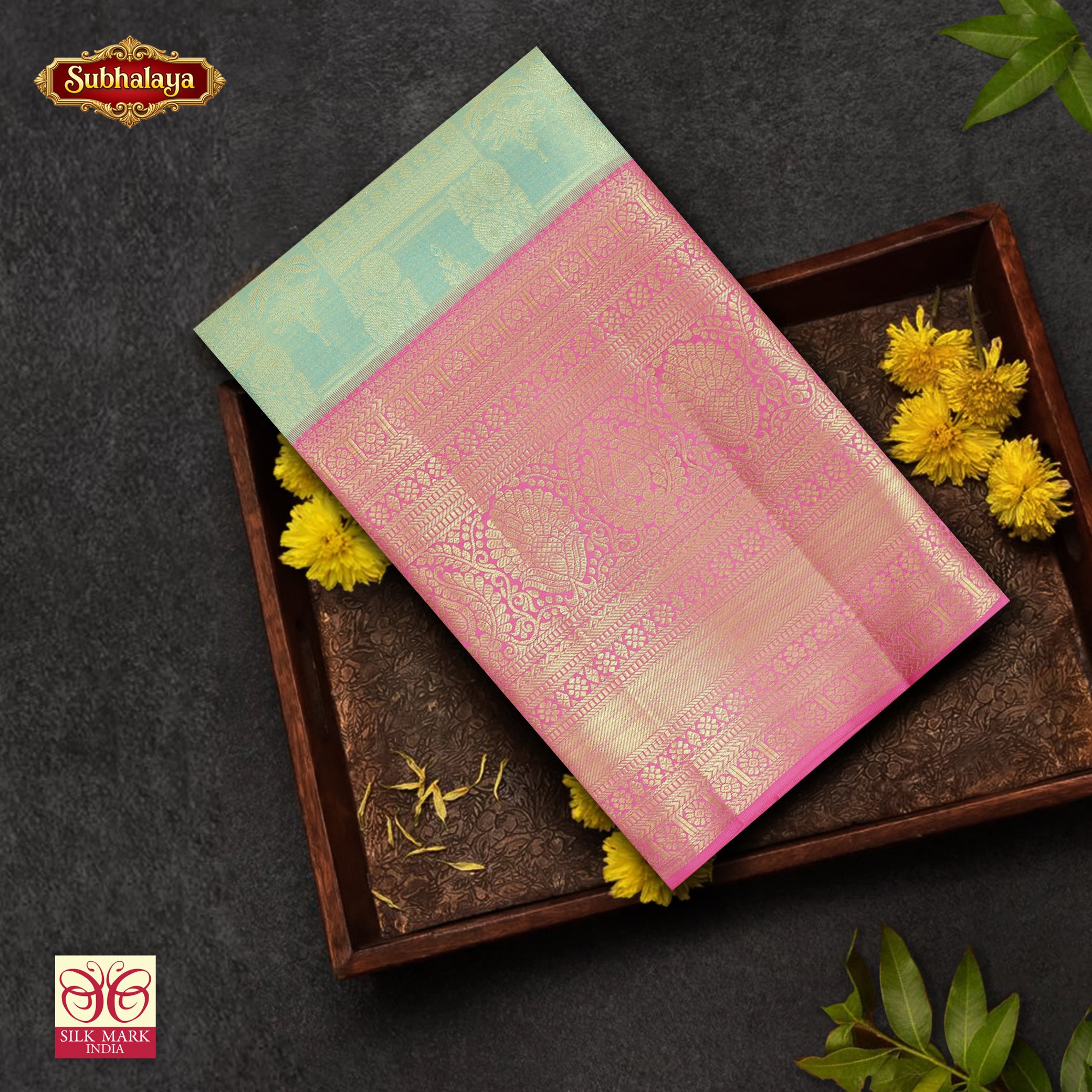 Pastel Blue With Pink Gold Zari Tissue Wedding Silk Saree