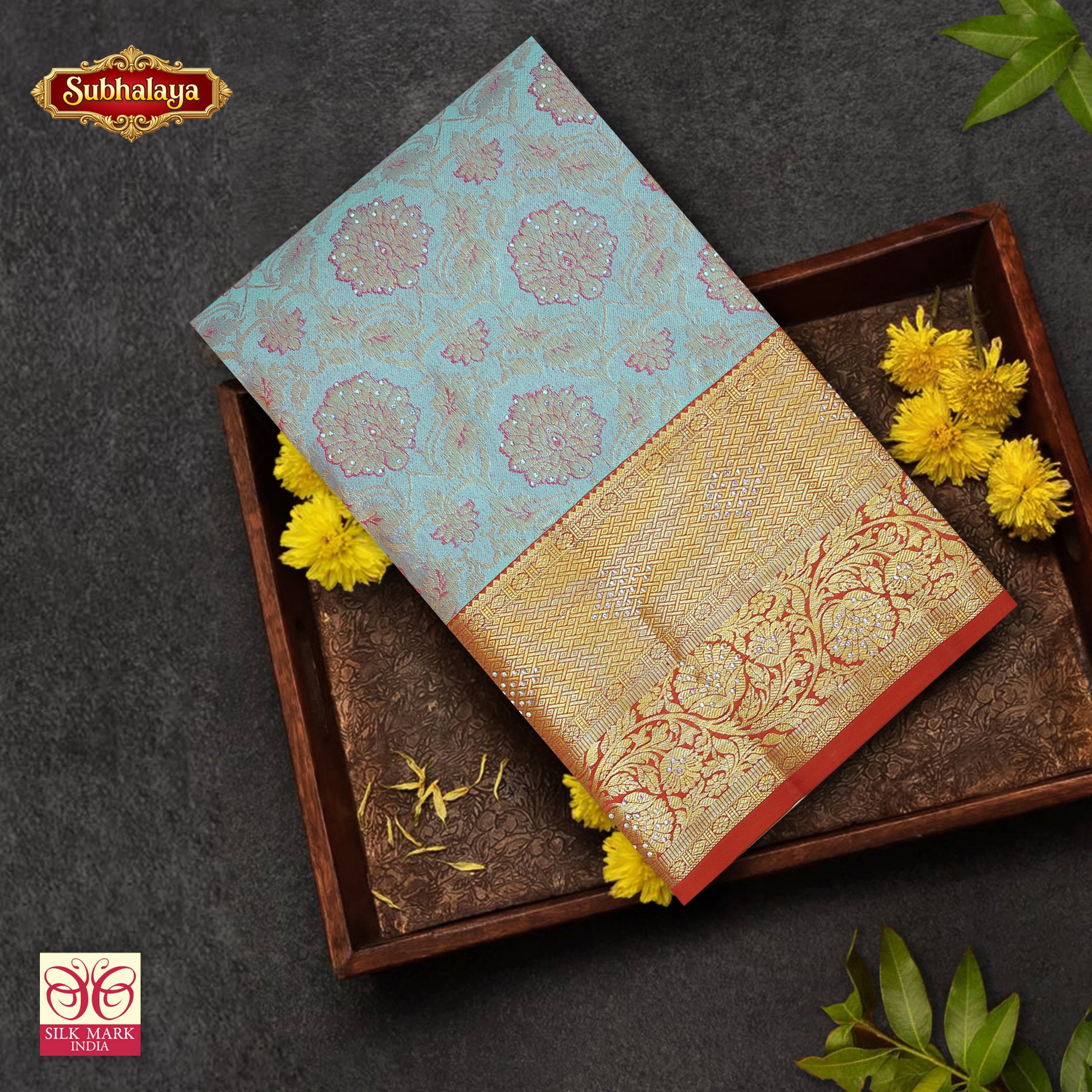 Light BlueWith Rani Pink Gold Zari border Subalaya Wedding Silk Saree