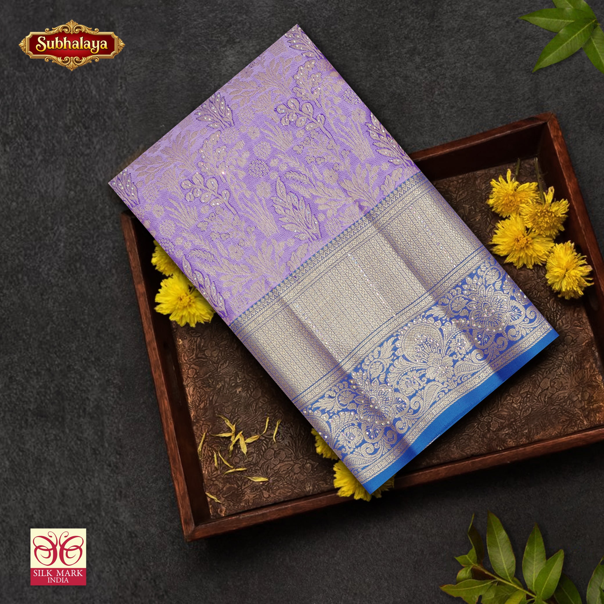 Lavender With Royal Blue Gold Zari Border Subalaya Wedding Silk Saree