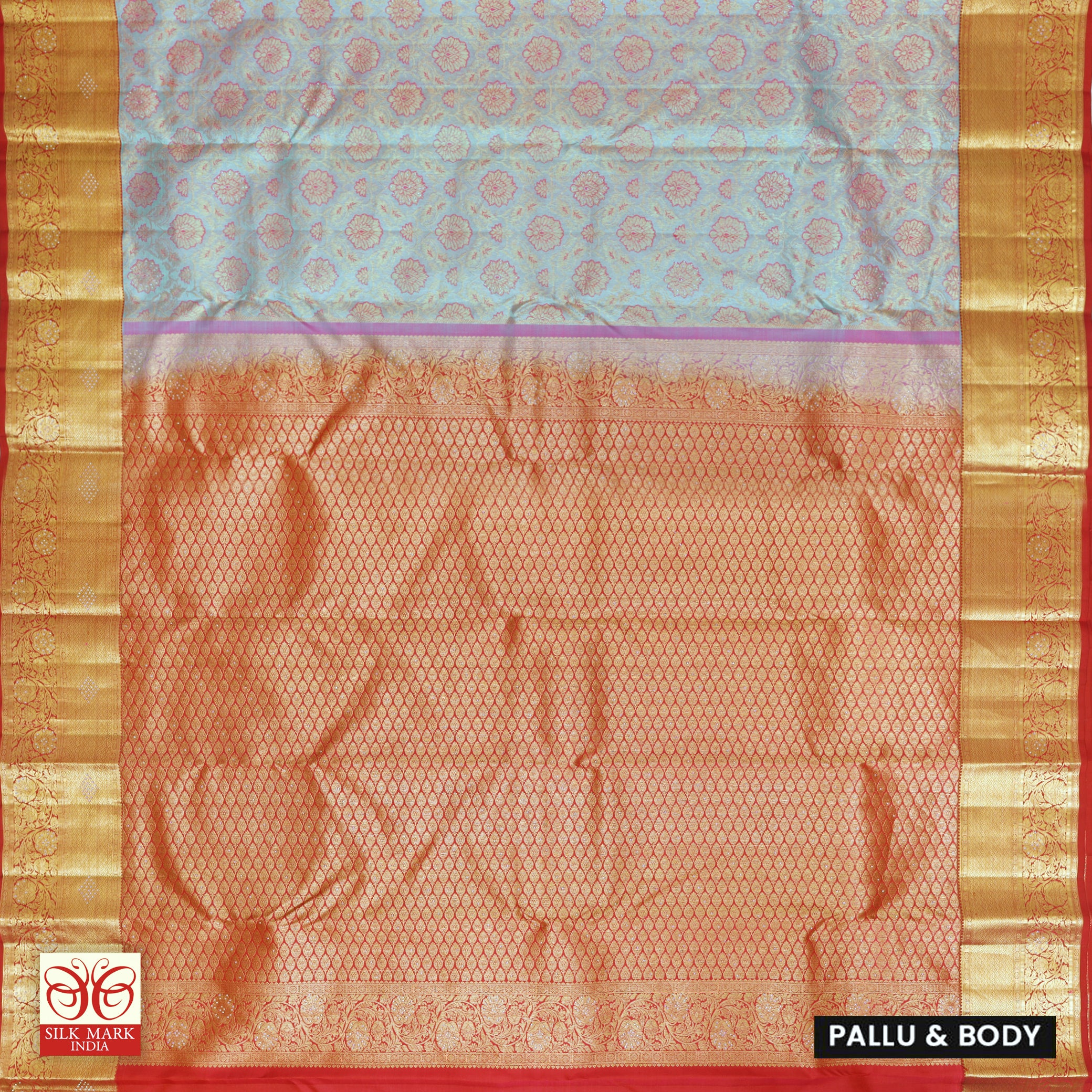Light BlueWith Rani Pink Gold Zari border Subalaya Wedding Silk Saree