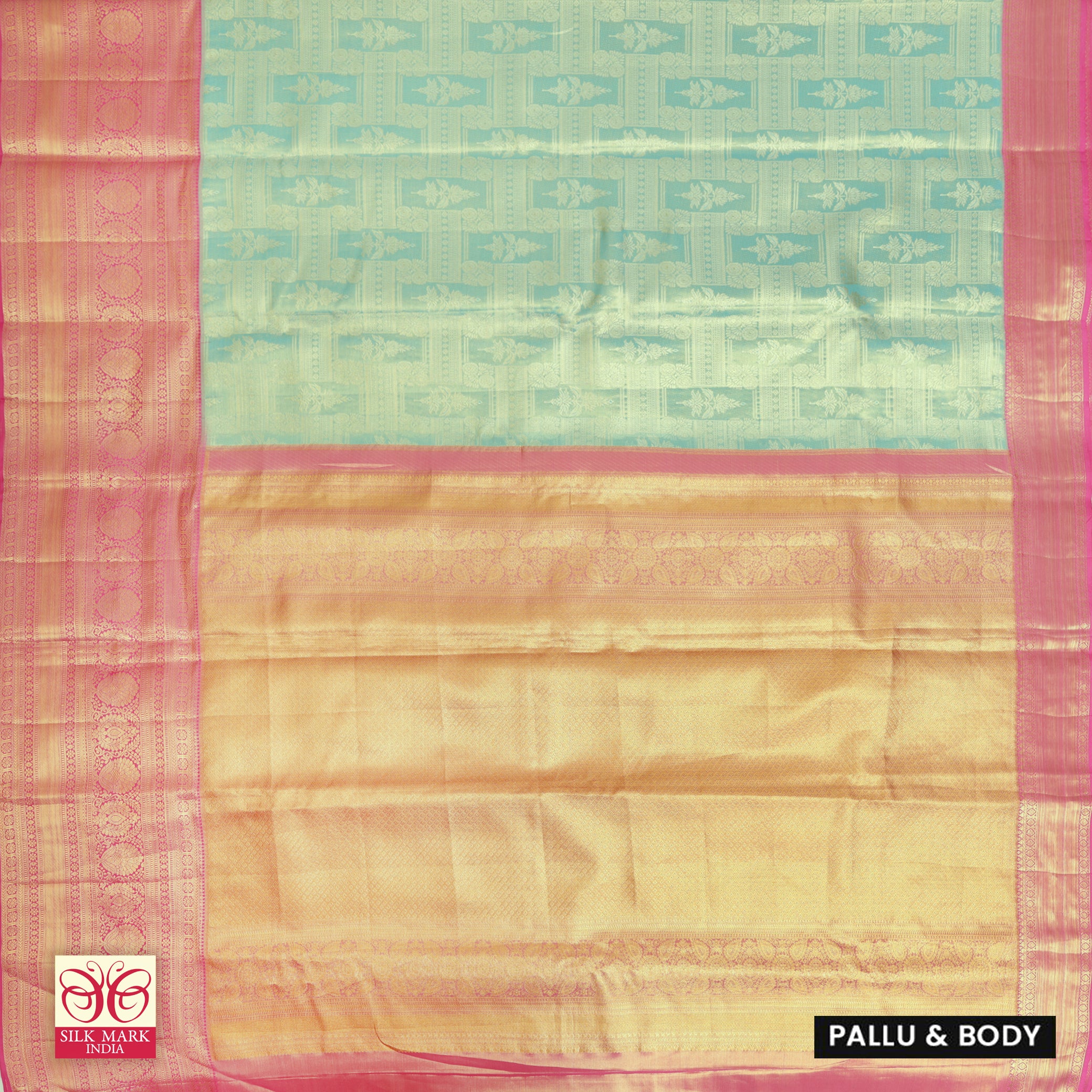 Pastel Blue With Pink Gold Zari Tissue Wedding Silk Saree