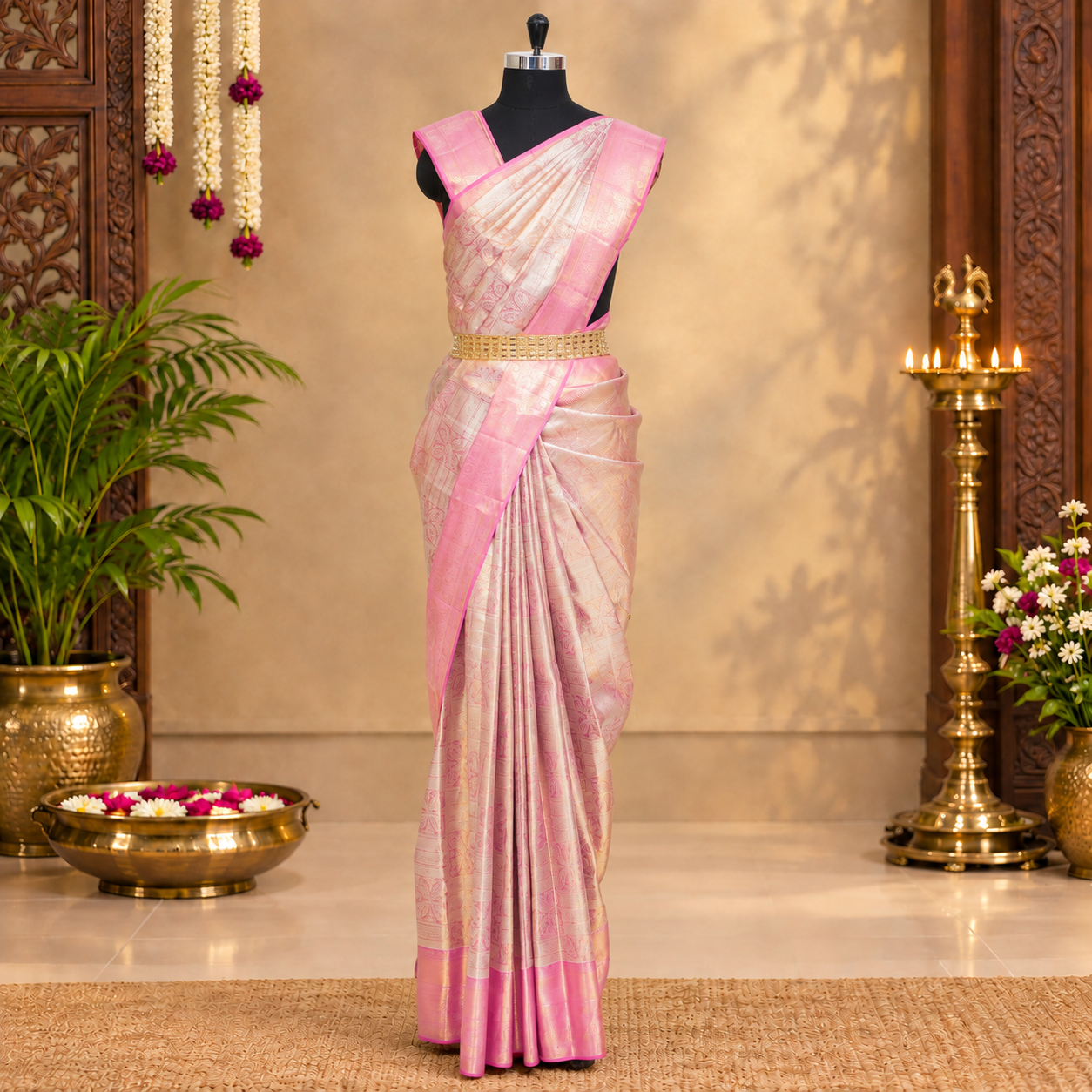 Light Pink With Rose Pink Gold Zari Tissue Wedding Silk Saree