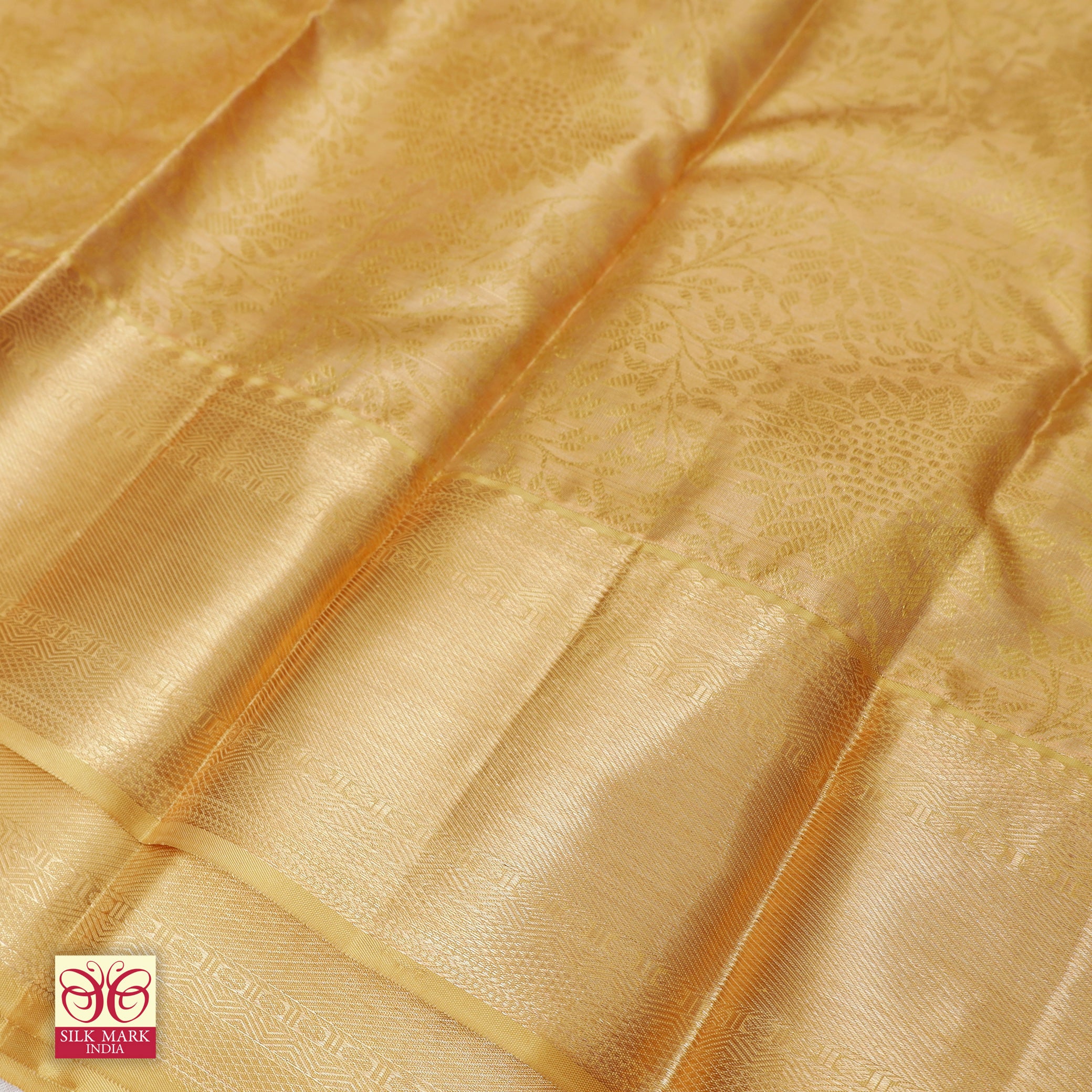 Golden Color Gold Zari border Tissue Wedding Silk Saree