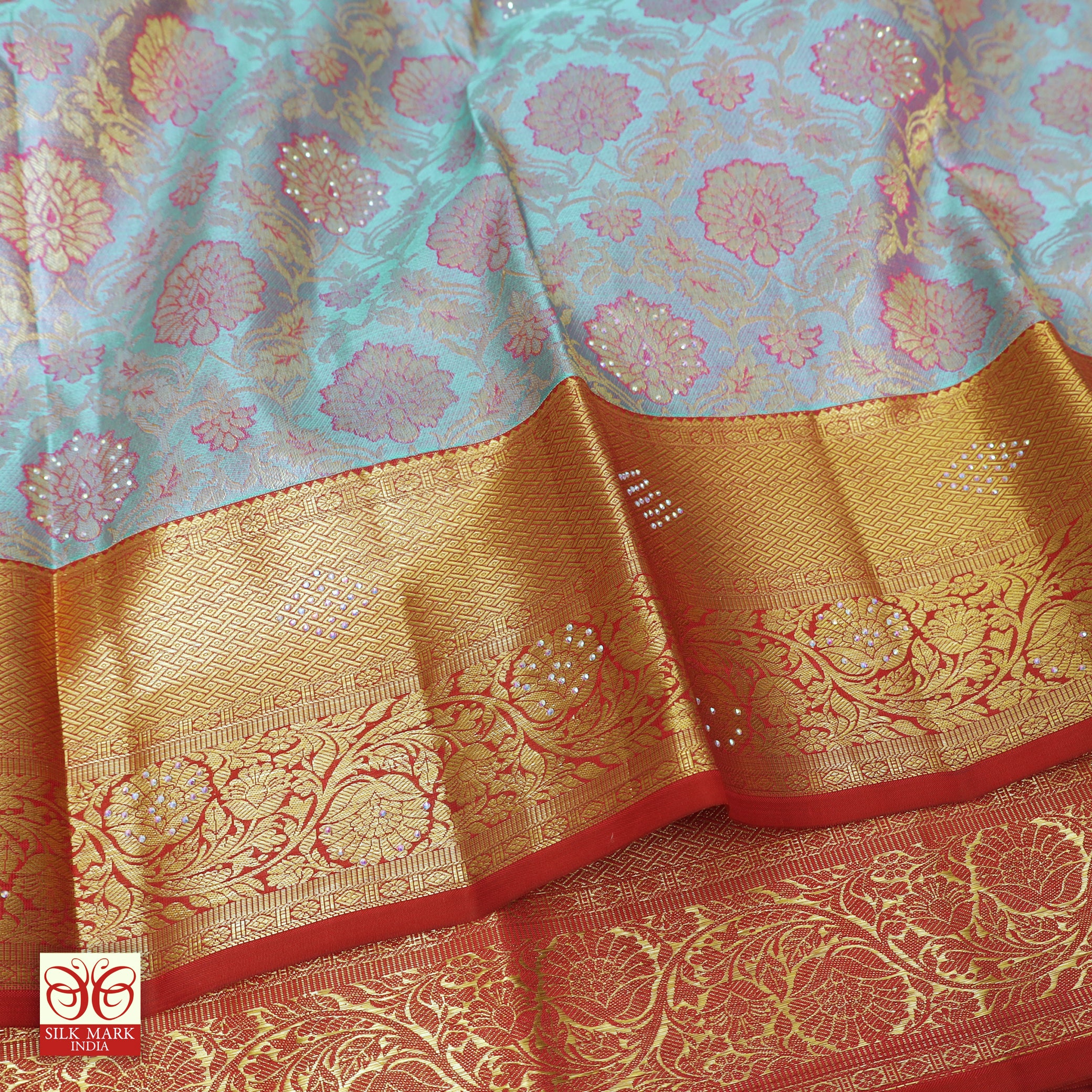 Light BlueWith Rani Pink Gold Zari border Subalaya Wedding Silk Saree