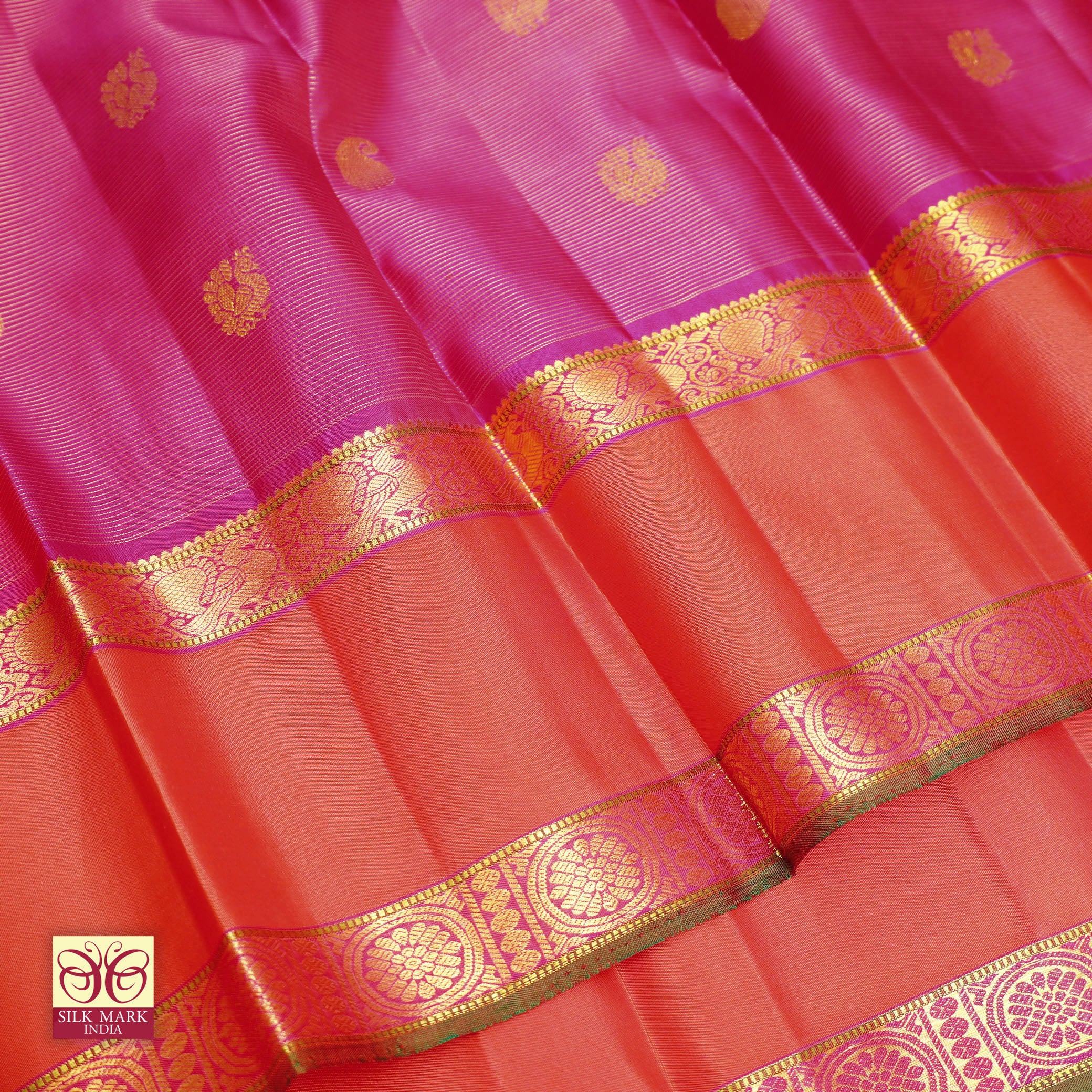 Dark Pink With Orange Gold Zeri  Arani Wedding silk Saree