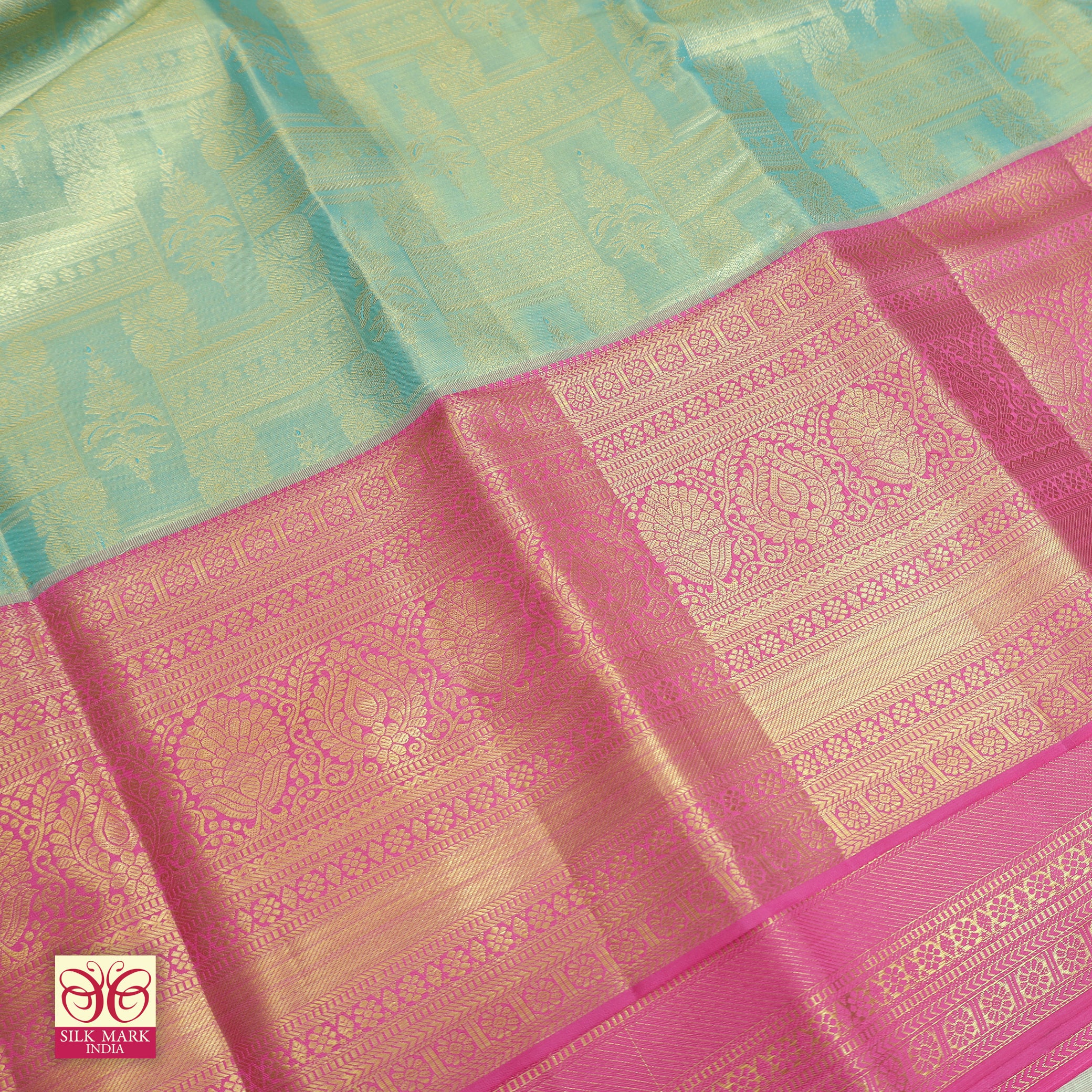 Pastel Blue With Pink Gold Zari Tissue Wedding Silk Saree
