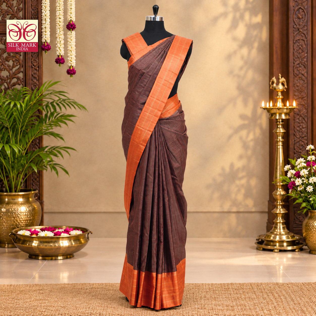 Brown With Rust Orange Kanchipuram Pure Soft Silk Saree