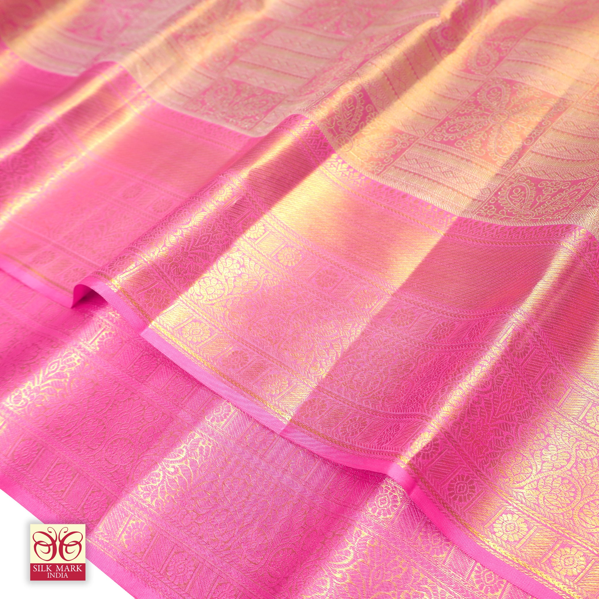 Light Pink With Rose Pink Gold Zari Tissue Wedding Silk Saree
