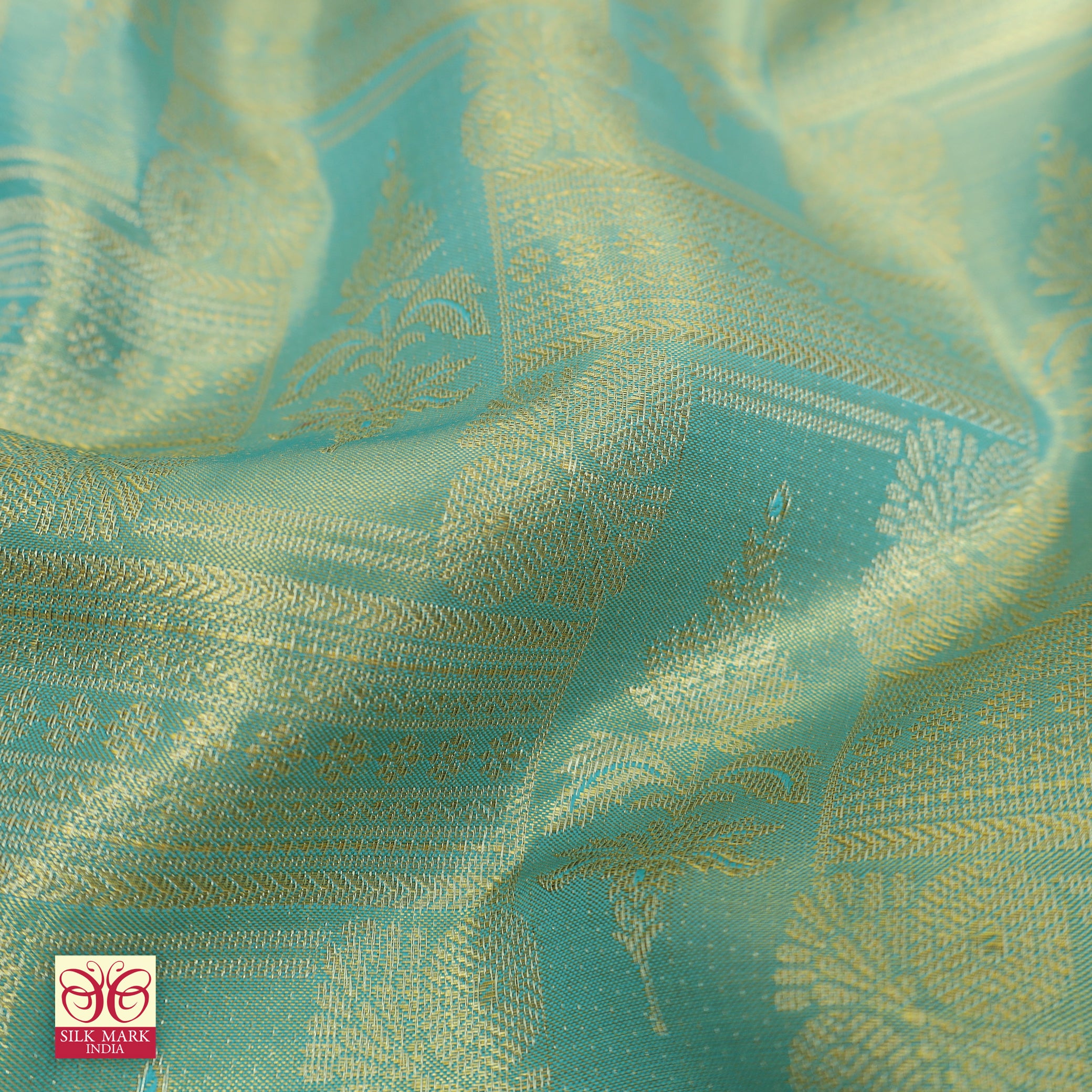 Pastel Blue With Pink Gold Zari Tissue Wedding Silk Saree