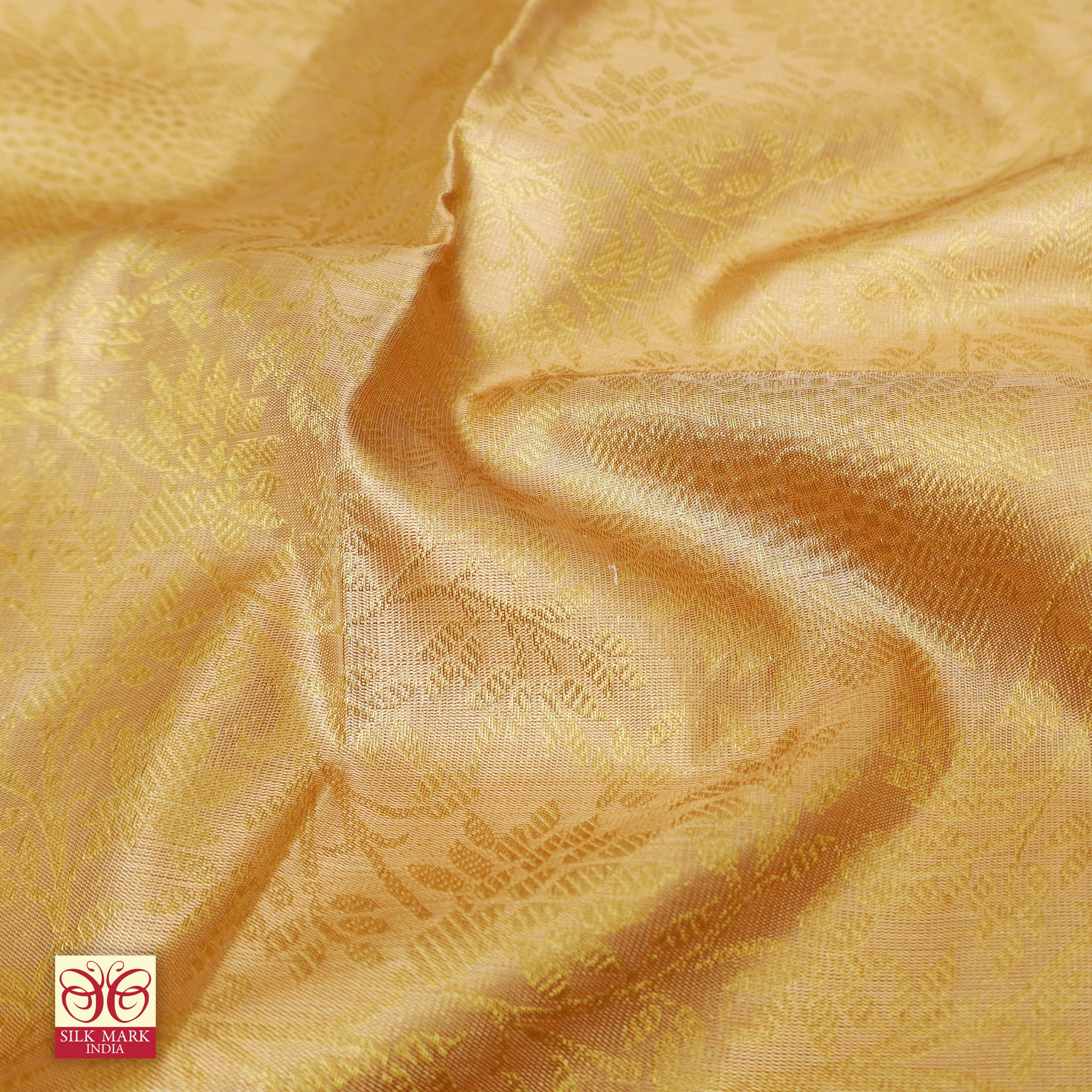 Golden Color Gold Zari border Tissue Wedding Silk Saree