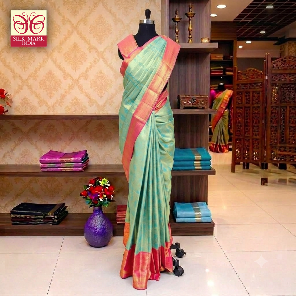 Pastel Blue With Pink Gold Zari Tissue Wedding Silk Saree