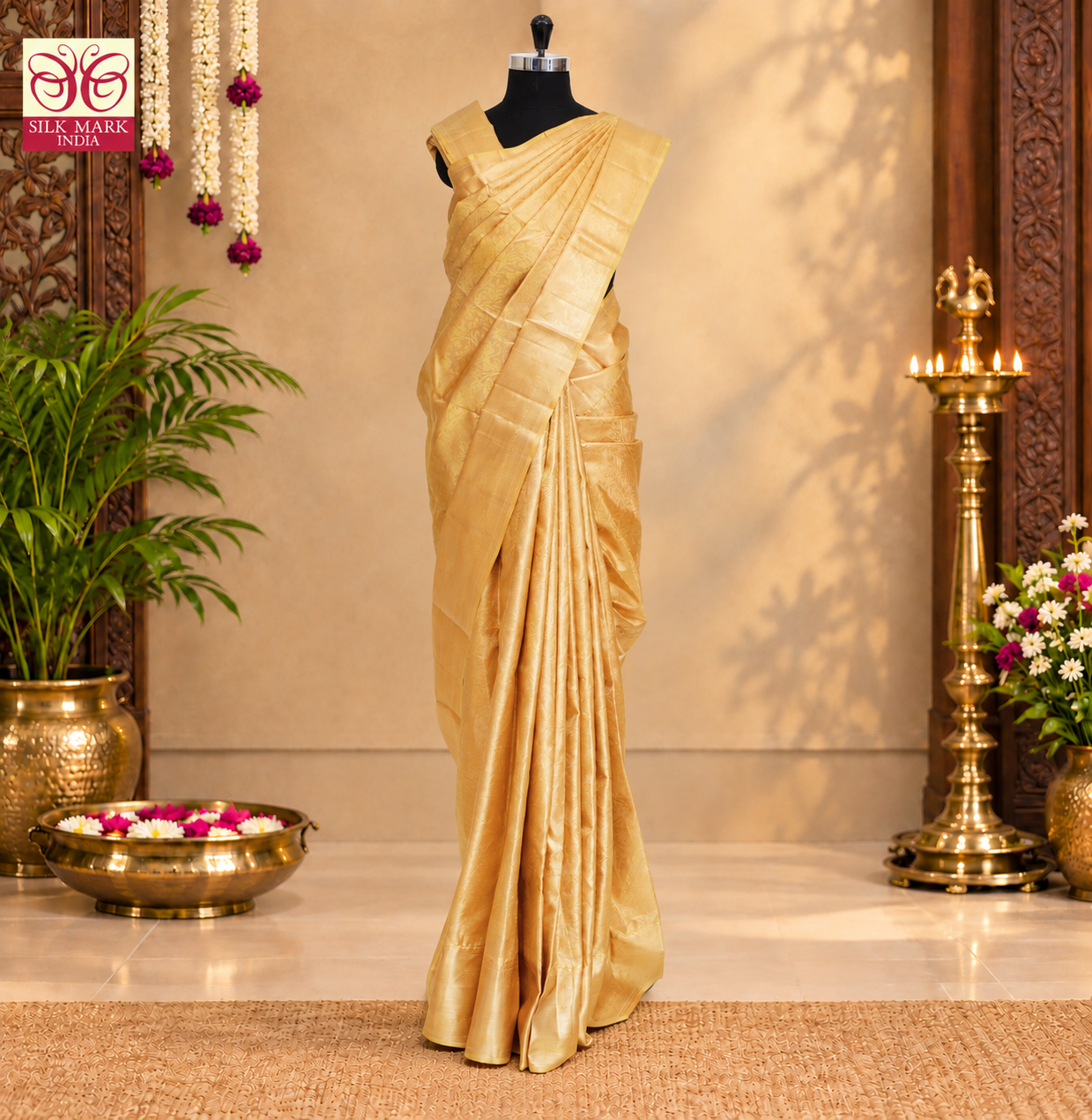 Golden Color Gold Zari border Tissue Wedding Silk Saree