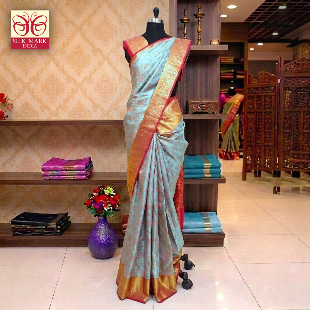 Light BlueWith Rani Pink Gold Zari border Subalaya Wedding Silk Saree