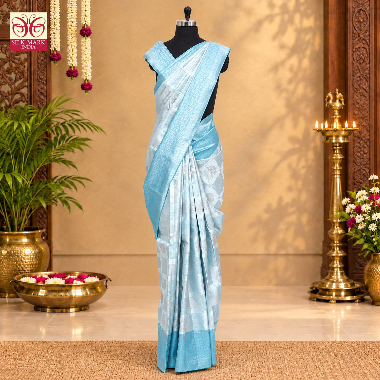 Ice BlueWith Sky Blue Silver Zari border Subhalaya Wedding Silk Saree