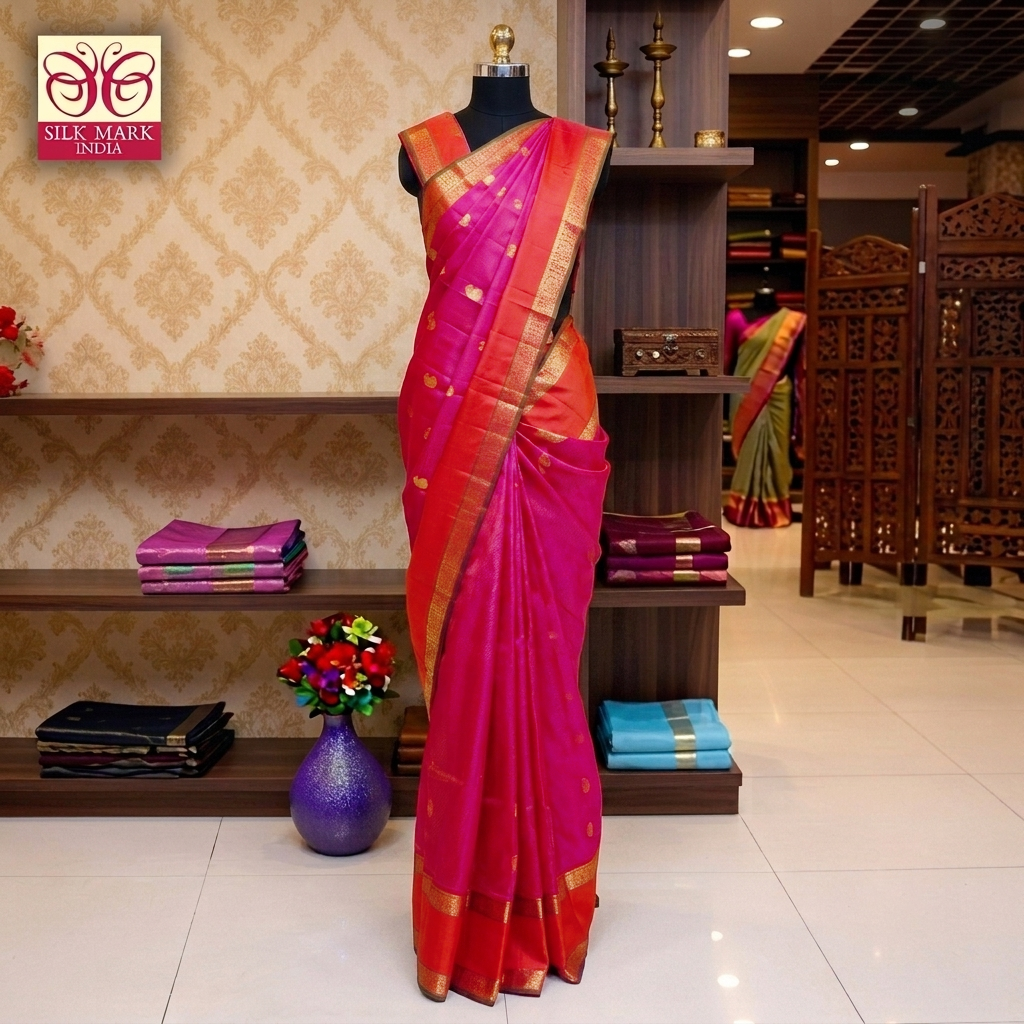 Dark Pink With Orange Gold Zeri  Arani Wedding silk Saree