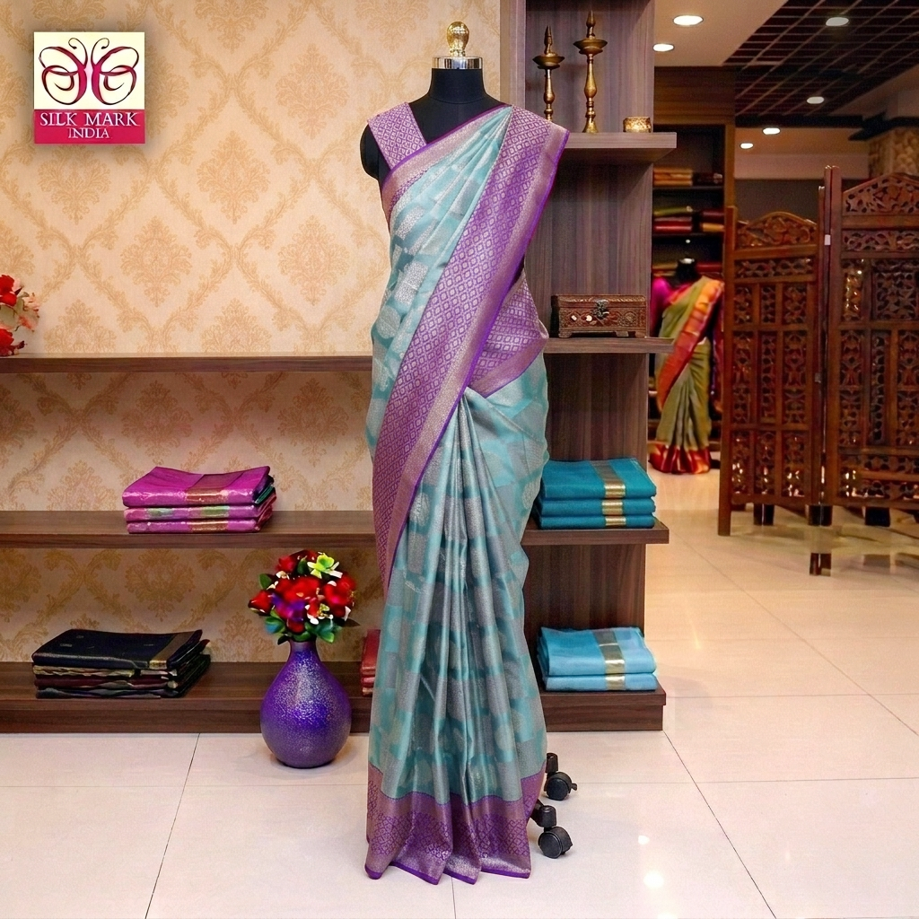 Cyan Blue With Lavender Silver Zeri Wedding Subalaya Silk Saree