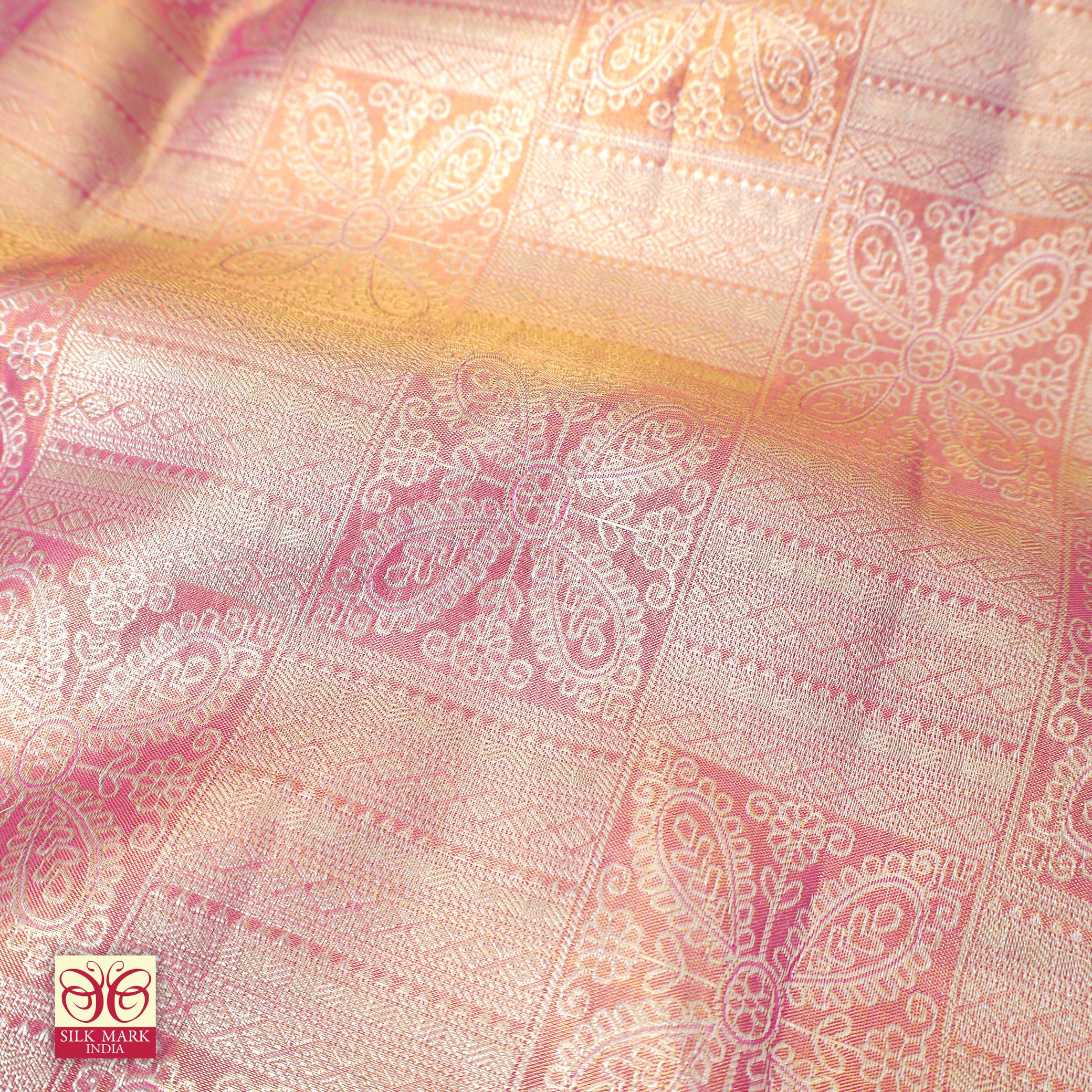 Light Pink With Rose Pink Gold Zari Tissue Wedding Silk Saree