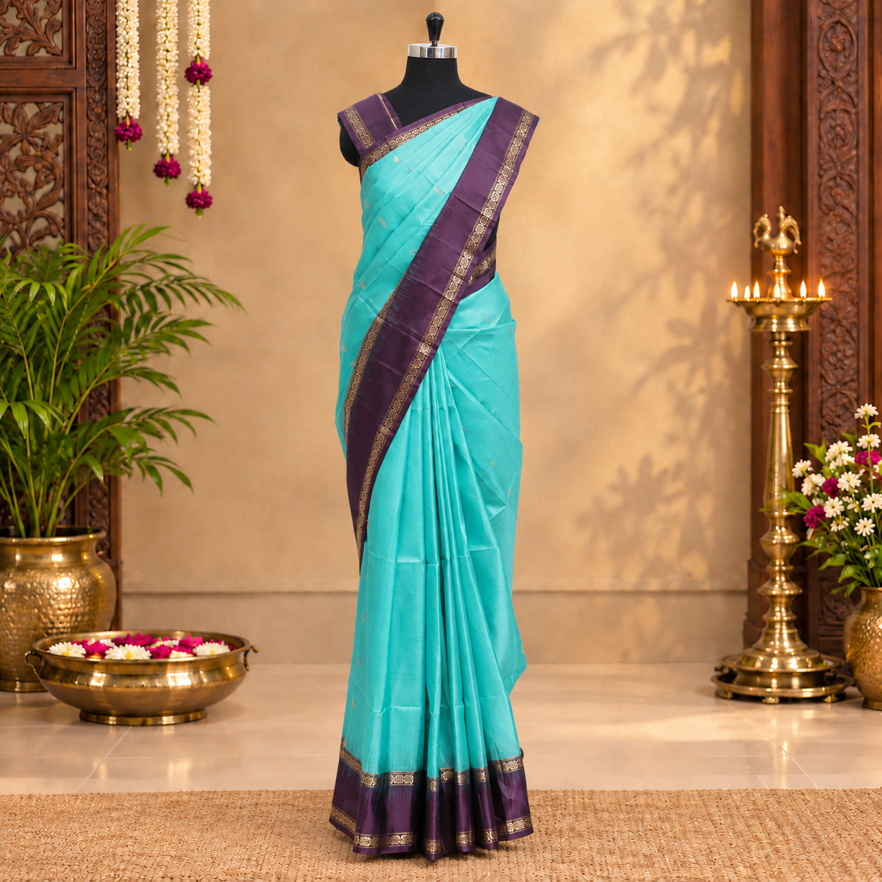 Turquoise Blue With Deep Purple Premium Pure Soft Silk Saree