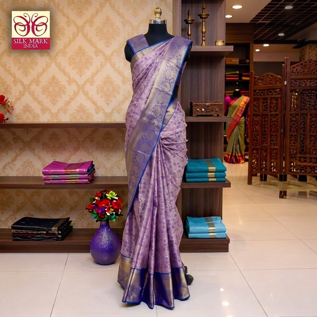Lavender With Blue Gold Zeri Subalaya Wedding Silk Saree