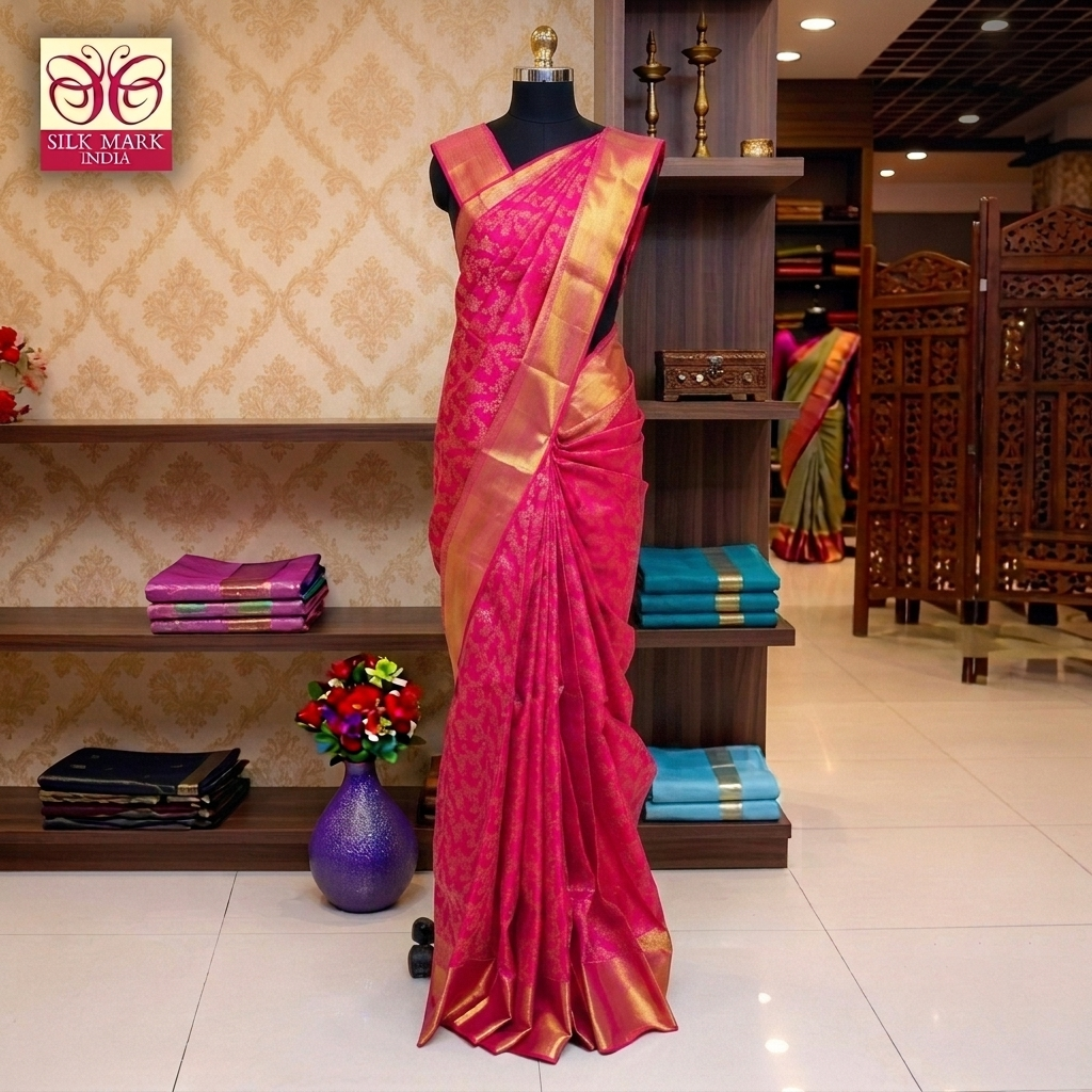 Rani Pink With Gold Colour Gold  Zeri Subalaya Wedding Silk Saree